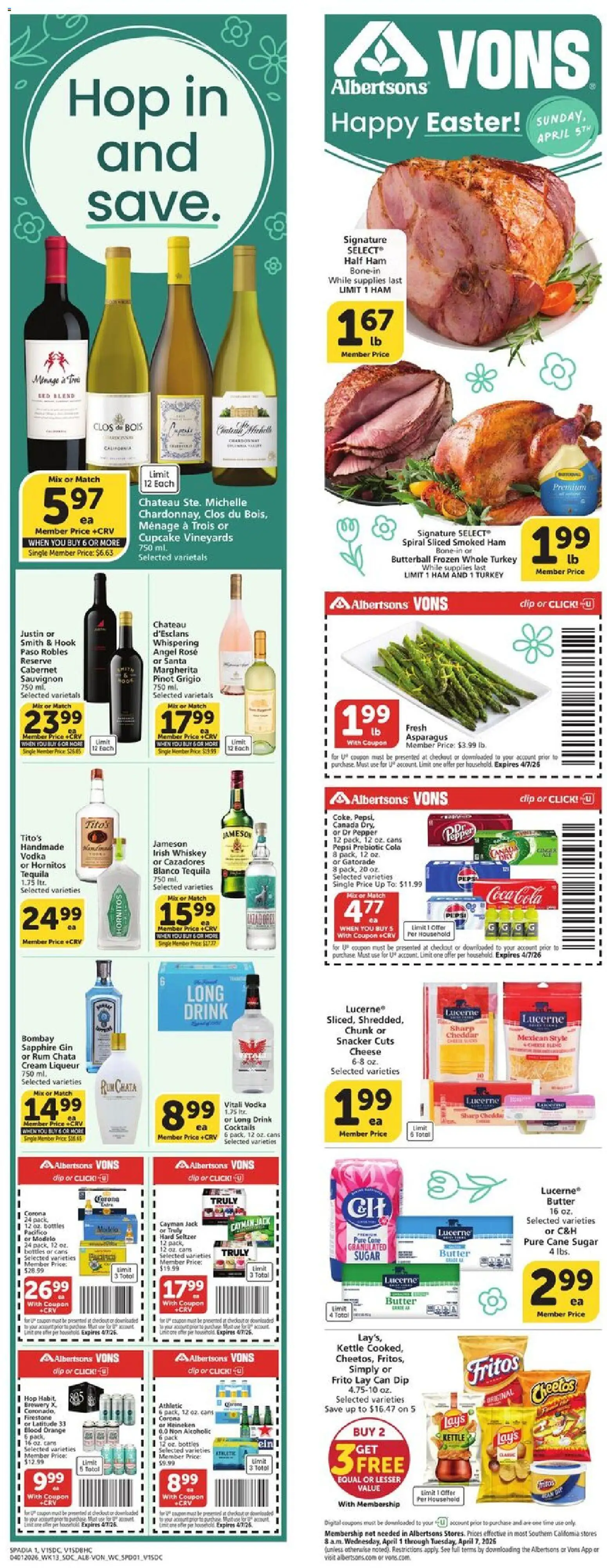 Vons Weekly Ad - valid from 01.04.2026 | Page: 2 | Products: Cheese, Ham, Gin, Whiskey