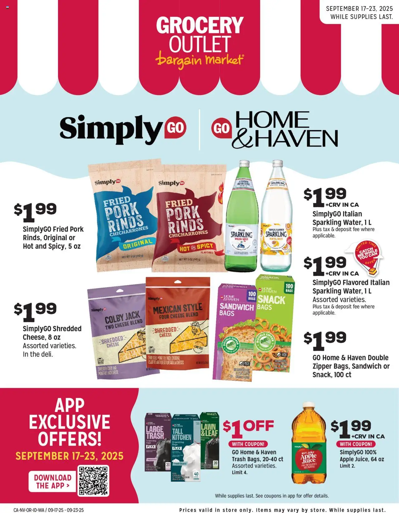 Grocery Outlet Weekly - Ops Standalone - valid from 17.09.2025 | Page: 1 | Products: Cheese, Juice, Pork, Water