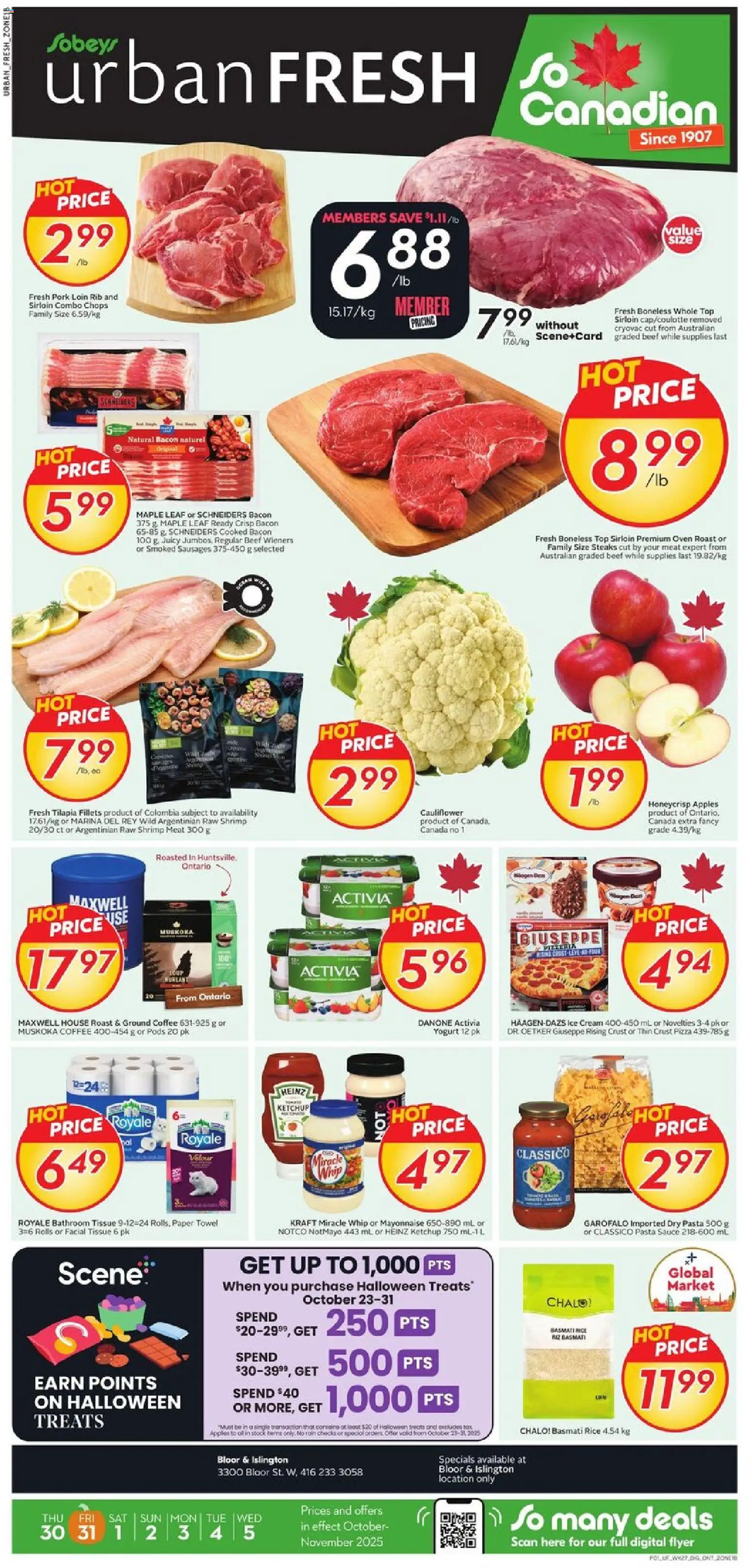 Sobeys flyer valid from 30.10.2025 | Page: 1 | Products: Oven, Coffee, Pizza, Pork