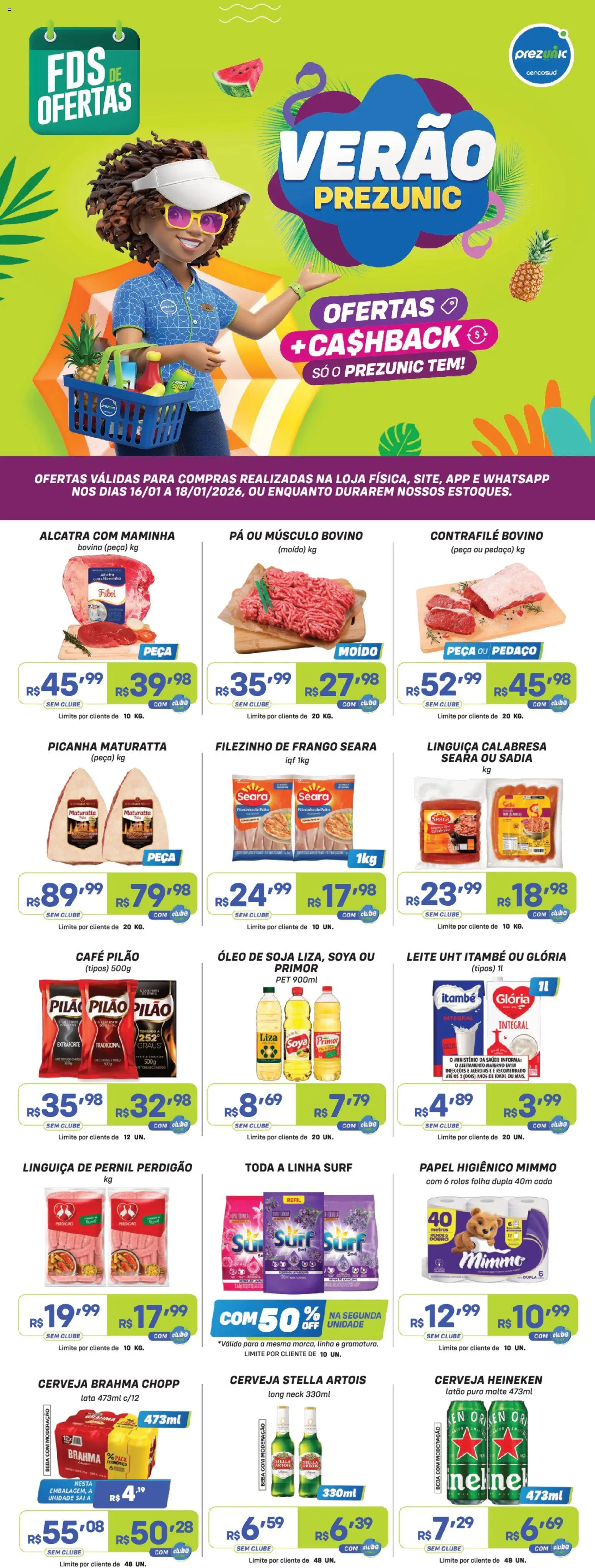 Prezunic Folheto - válido de 16.01.2026 | Página: 1 | Produtos: Linguiça, Alcatra, Maminha, Papel higiênico