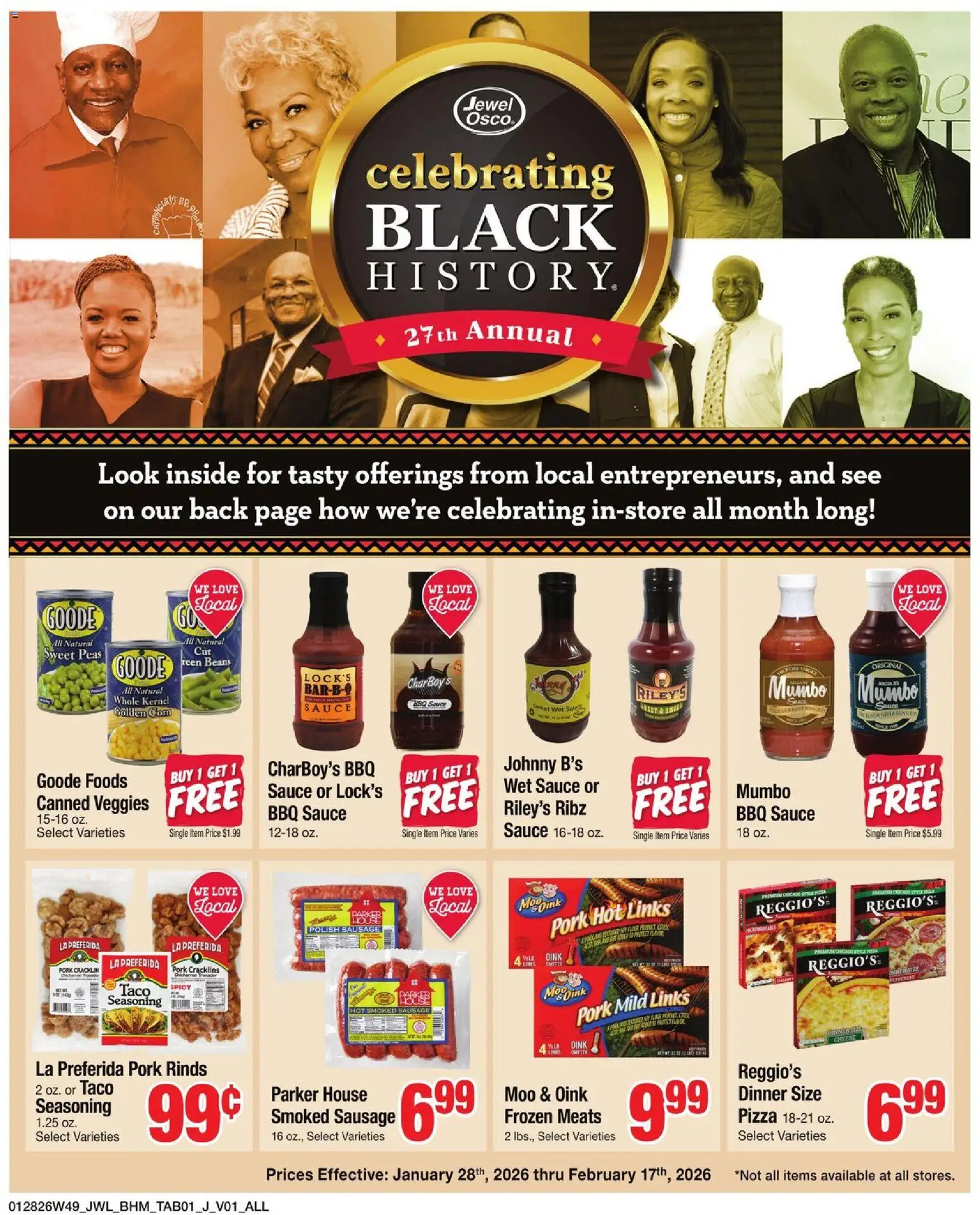 Jewel Osco Celebrating Black History - valid from 28.01.2026 | Page: 1 | Products: Pizza, Pork, Sauce, Sausage