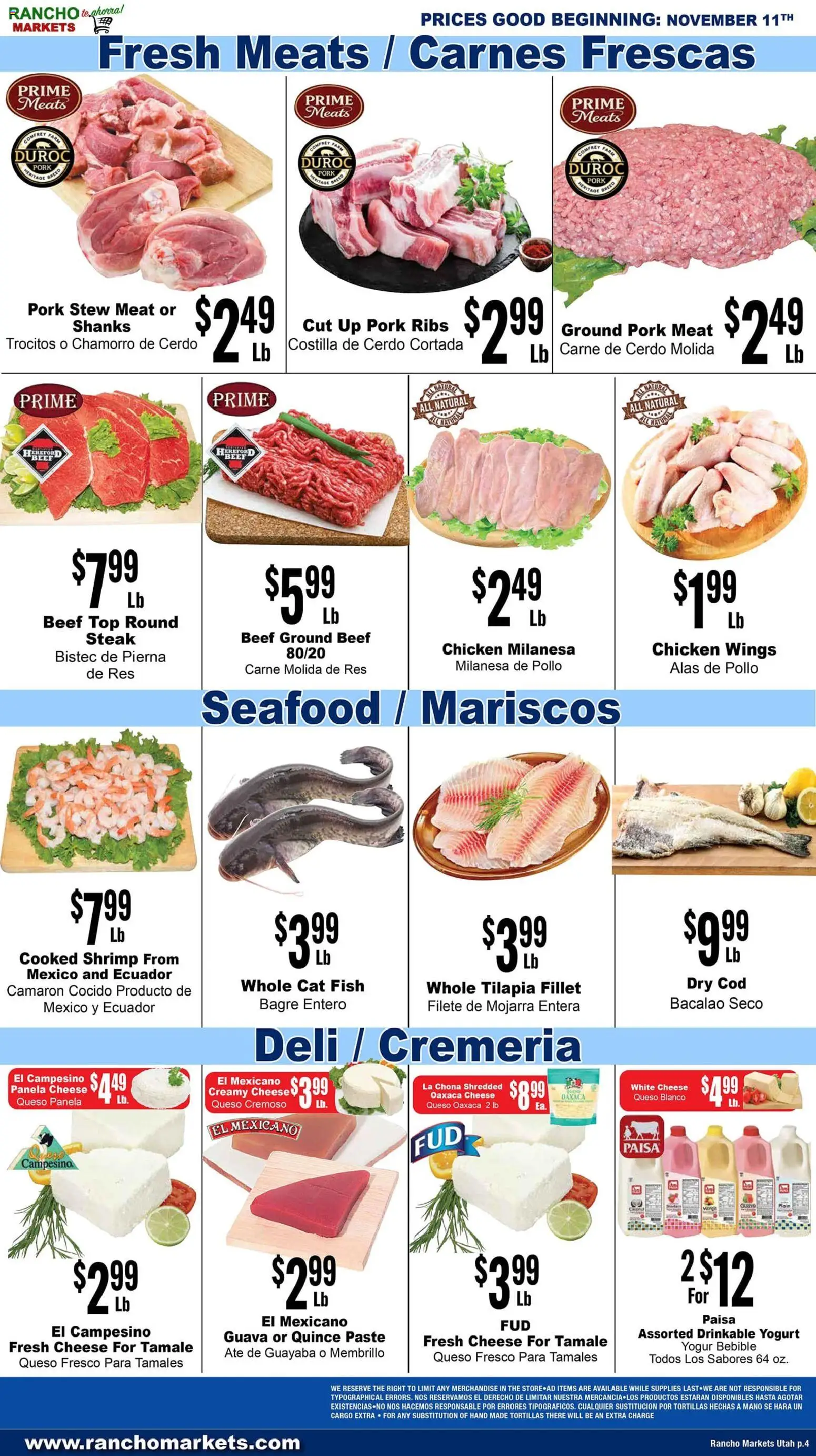 Rancho Markets Weekly Ad - valid from 11.11.2025 | Page: 4 | Products: Cheese, Pork, Fish, Beef