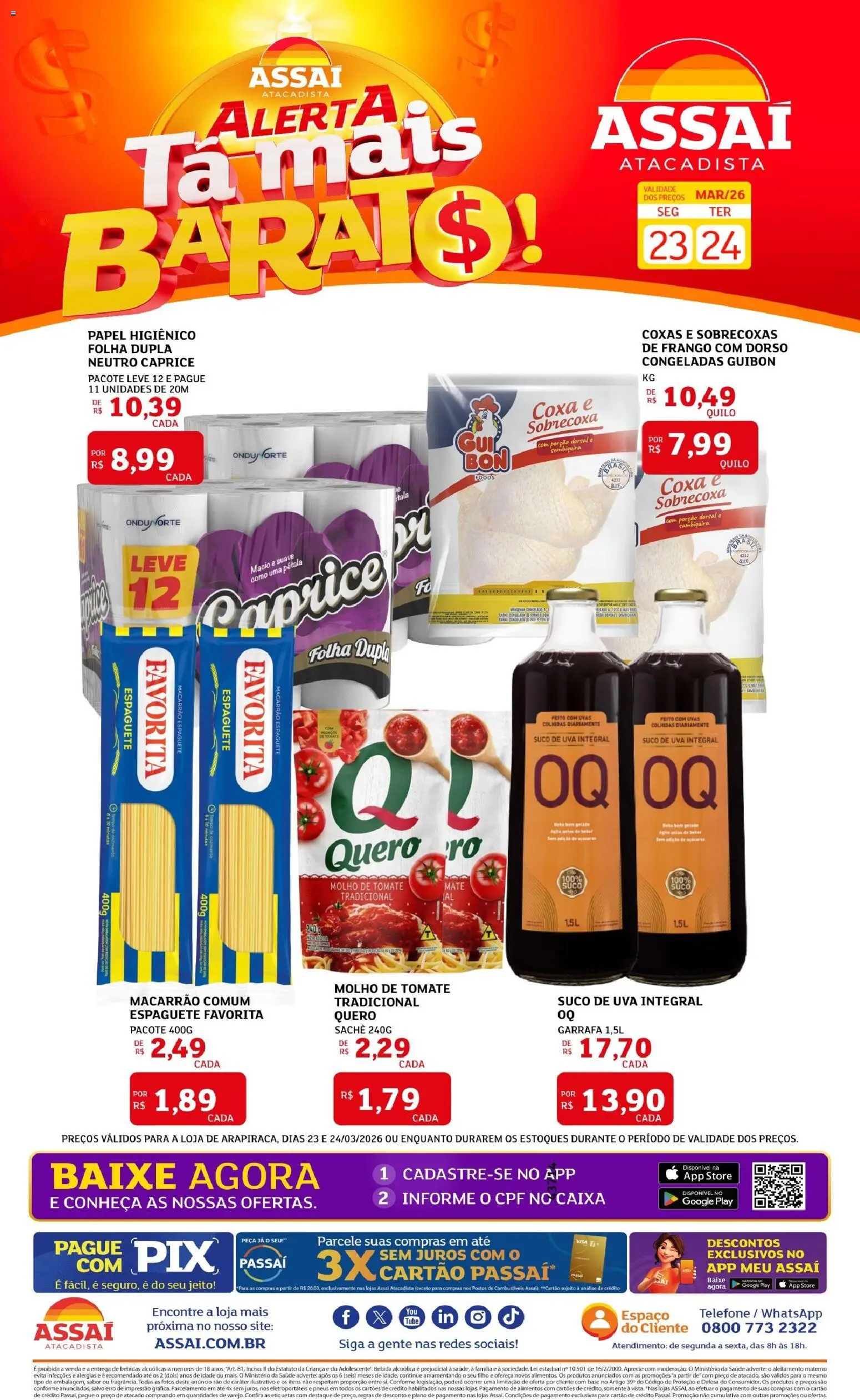 Assaí Atacadista Folheto - válido de 23.03.2026 | Página: 1 | Produtos: Base, Macarrão, Telefone, Papel higiênico