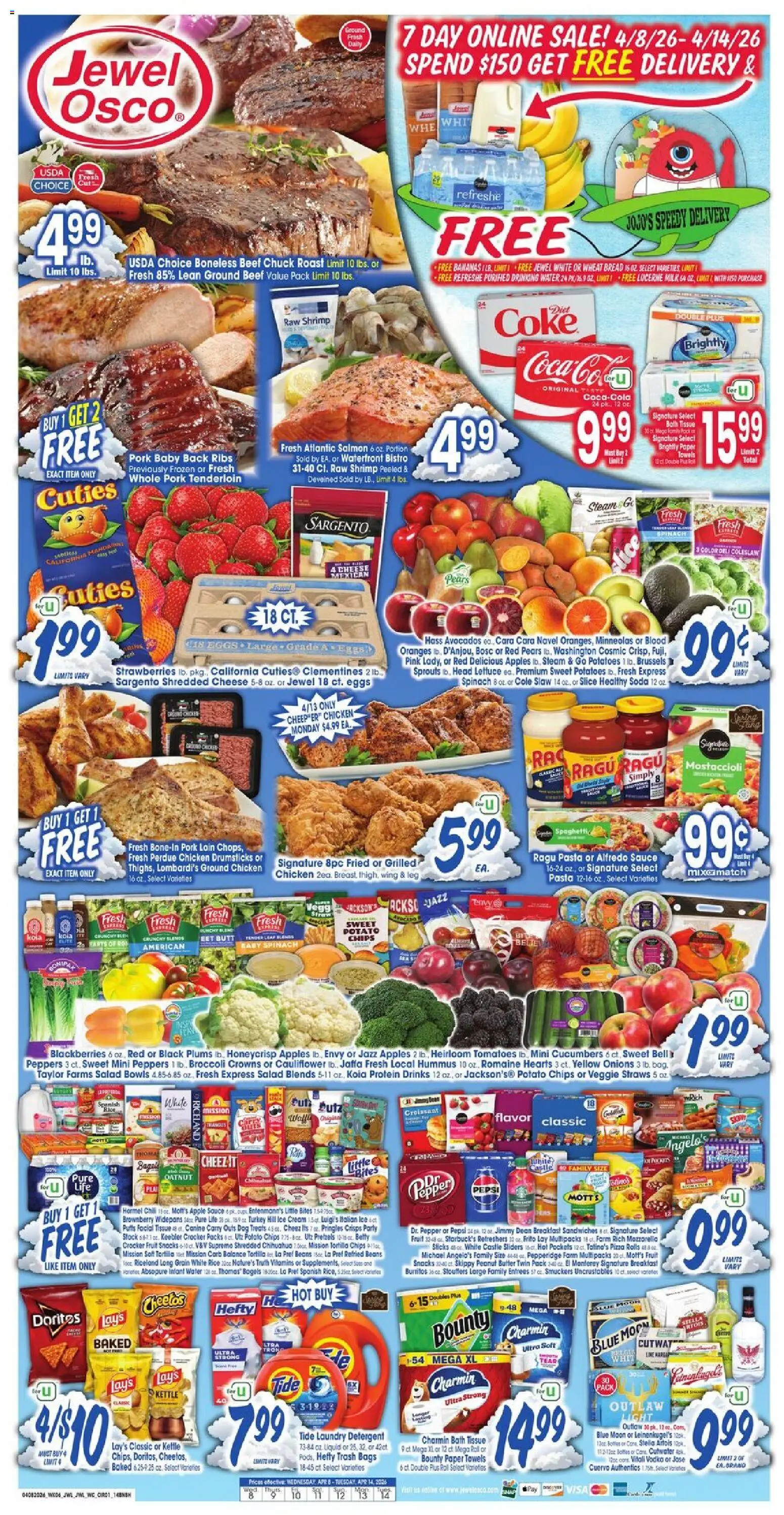 Jewel Osco Weekly Ad - valid from 08.04.2026 | Page: 1 | Products: Peppers, Crowns, Pork, Oranges