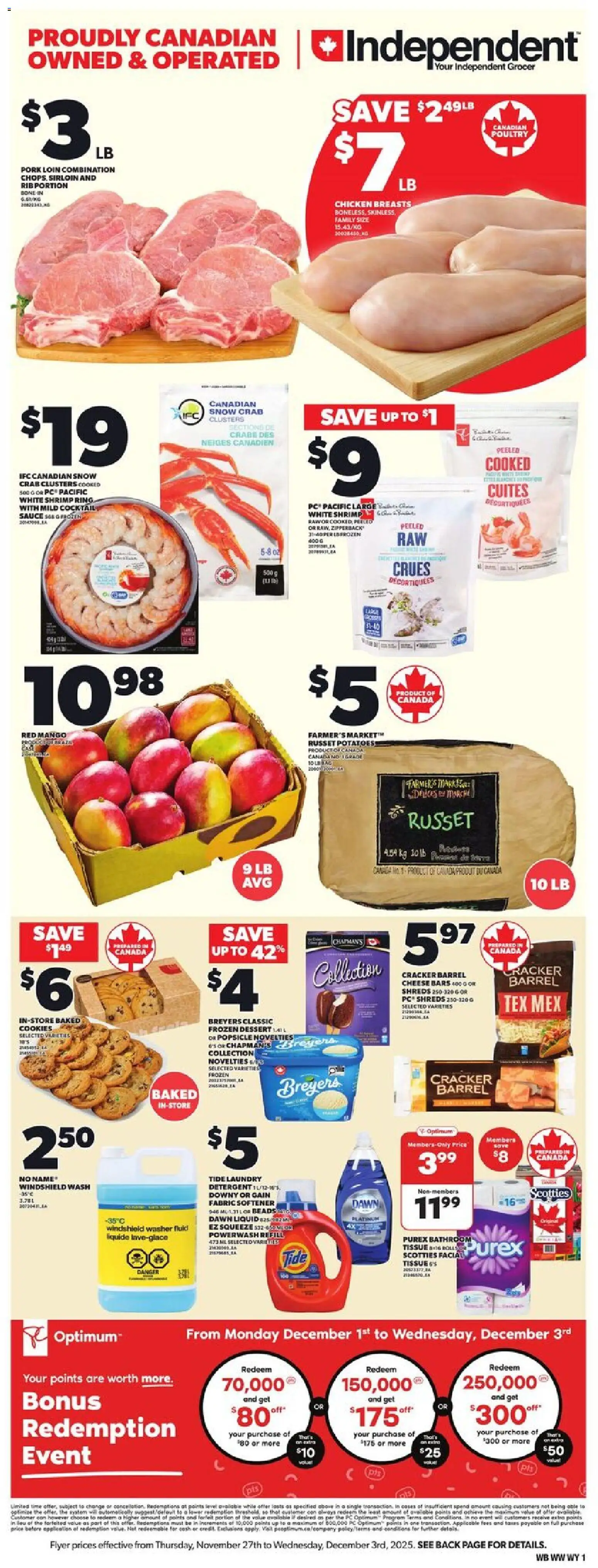 Independent Grocer flyer valid from 27.11.2025 | Page: 3 | Products: Cookies, Chicken breasts, Fabric softener, Pork