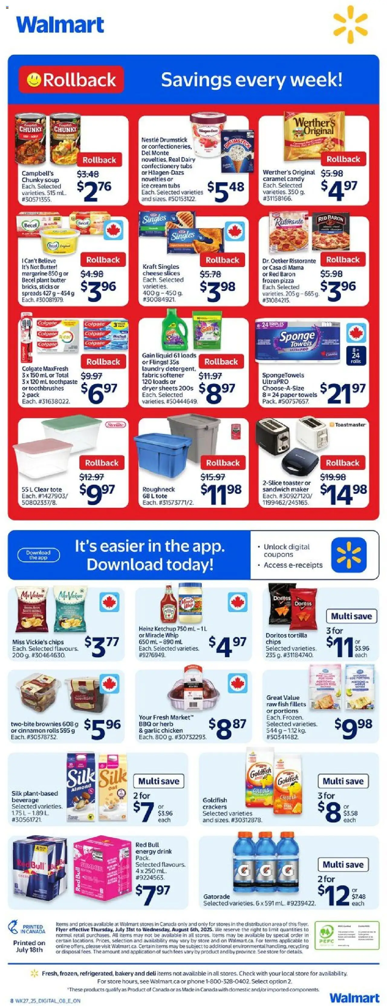 Walmart flyer valid from 31.07.2025 | Page: 2 | Products: Dryer, Bakery, Sponge, Fabric softener