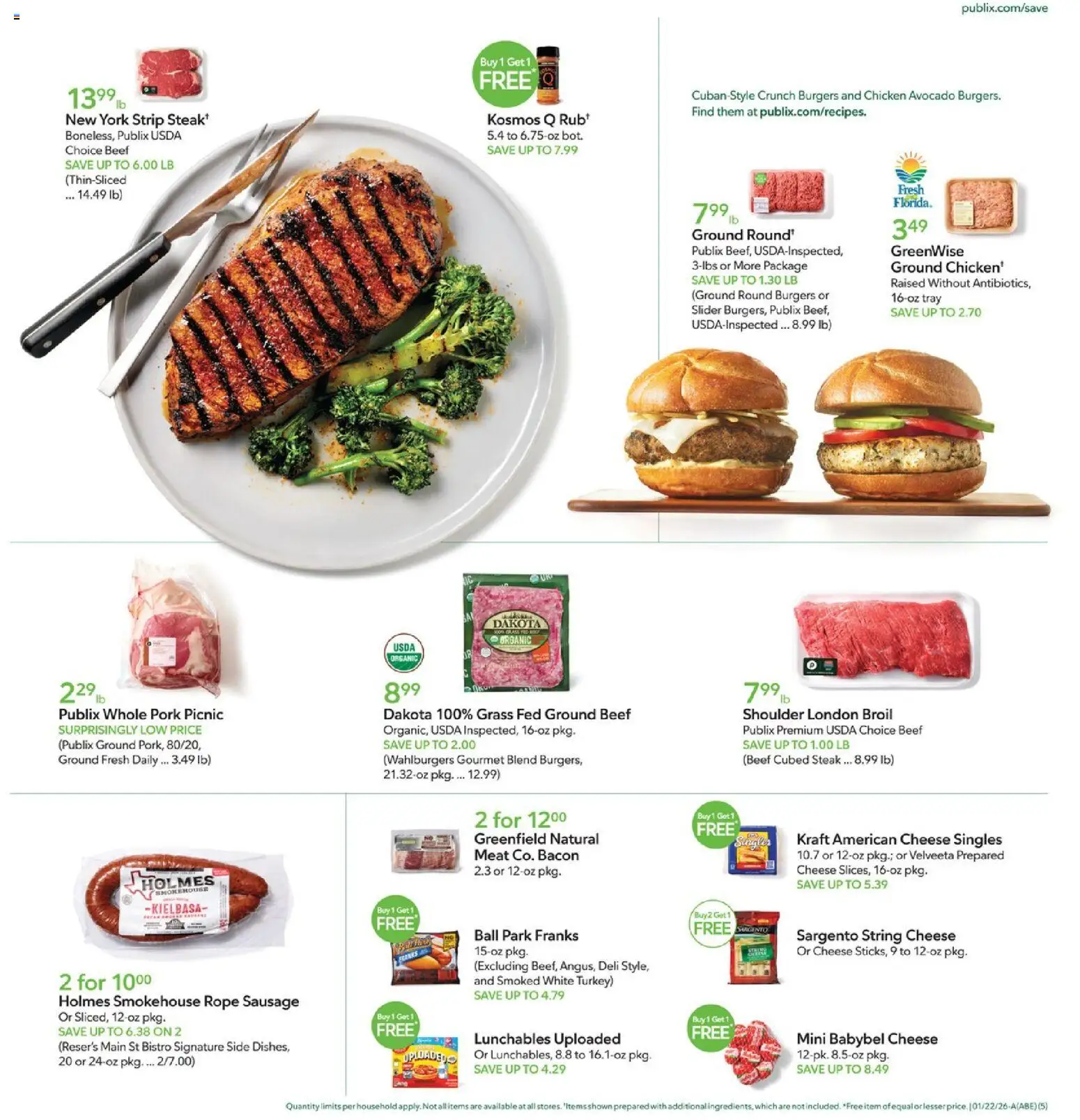 Publix Weekly Ad - valid from 21.01.2026 | Page: 5 | Products: Cheese, Pork, Beef, Avocado