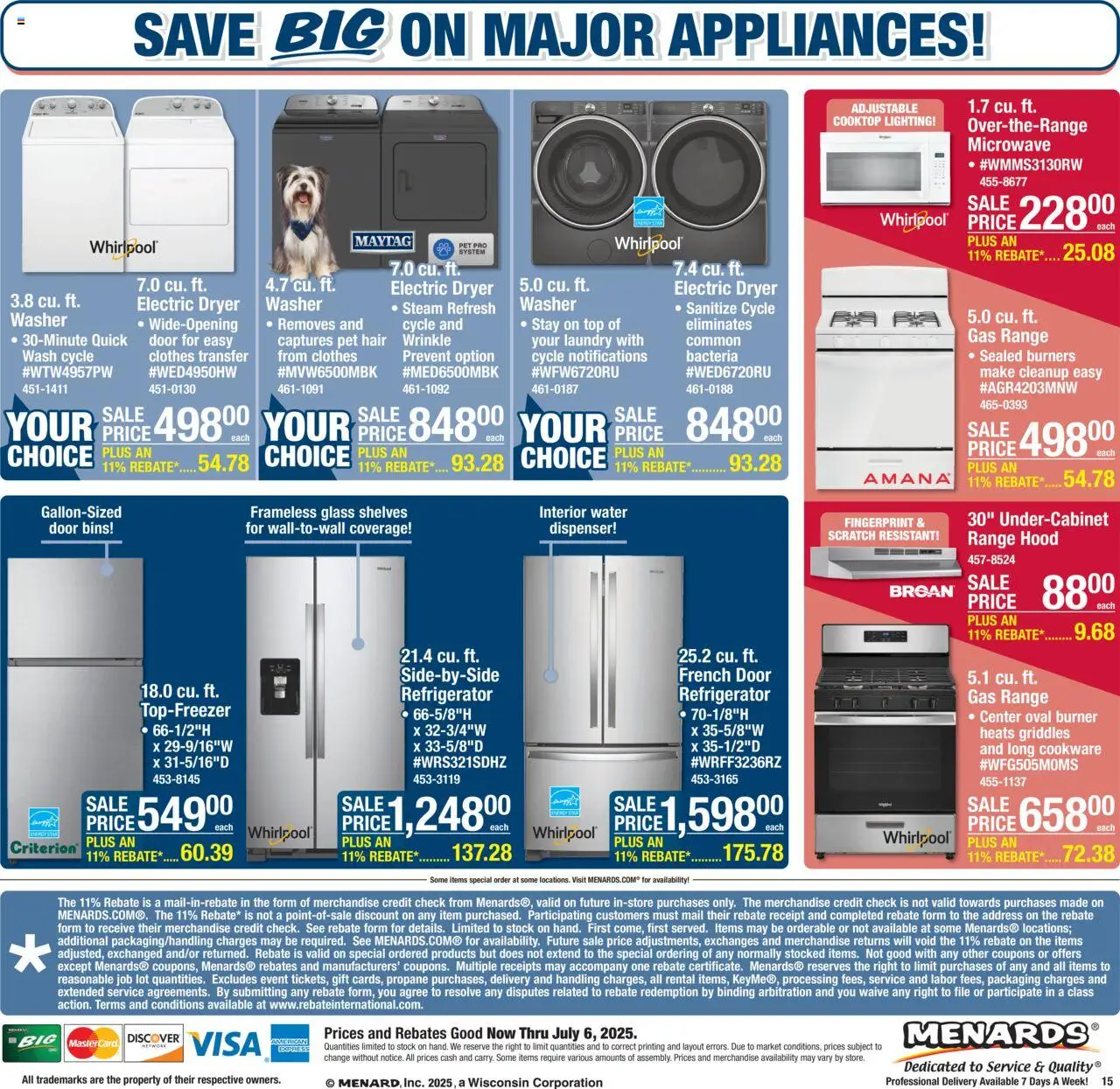 Menards Weekly Ad - valid from 25.06.2025 | Page: 24 | Products: Microwave, Water, Refrigerator, Dryer