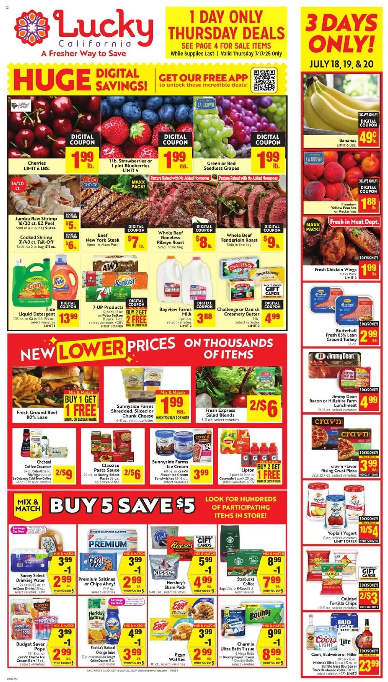 Lucky Supermarkets Weekly - CA - valid from 16.07.2025 | Page: 1 | Products: Cherries, Cheese, Pasta, Lime