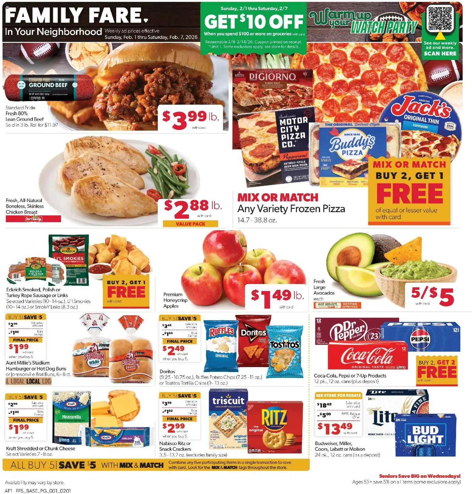Family Fare Weekly Ad - valid from 01.02.2026 | Page: 1 | Products: Cheese, Pizza, Apples, Watch
