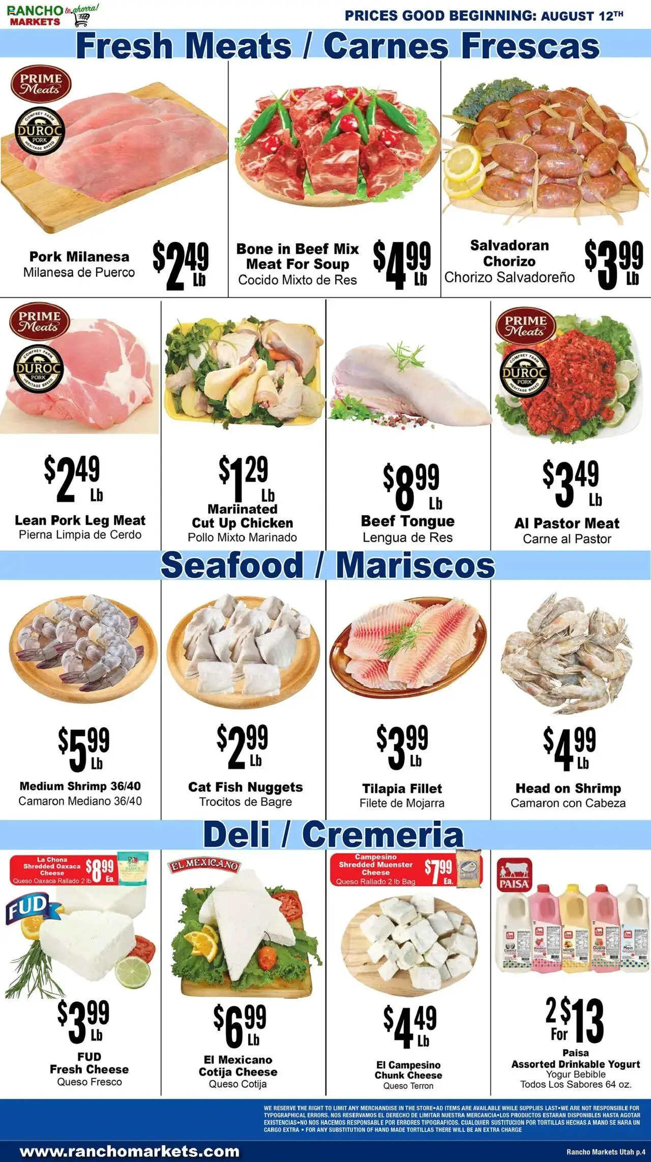 Rancho Markets Weekly Ad - valid from 12.08.2025 | Page: 4 | Products: Yogurt, Pork, Fish, Bag