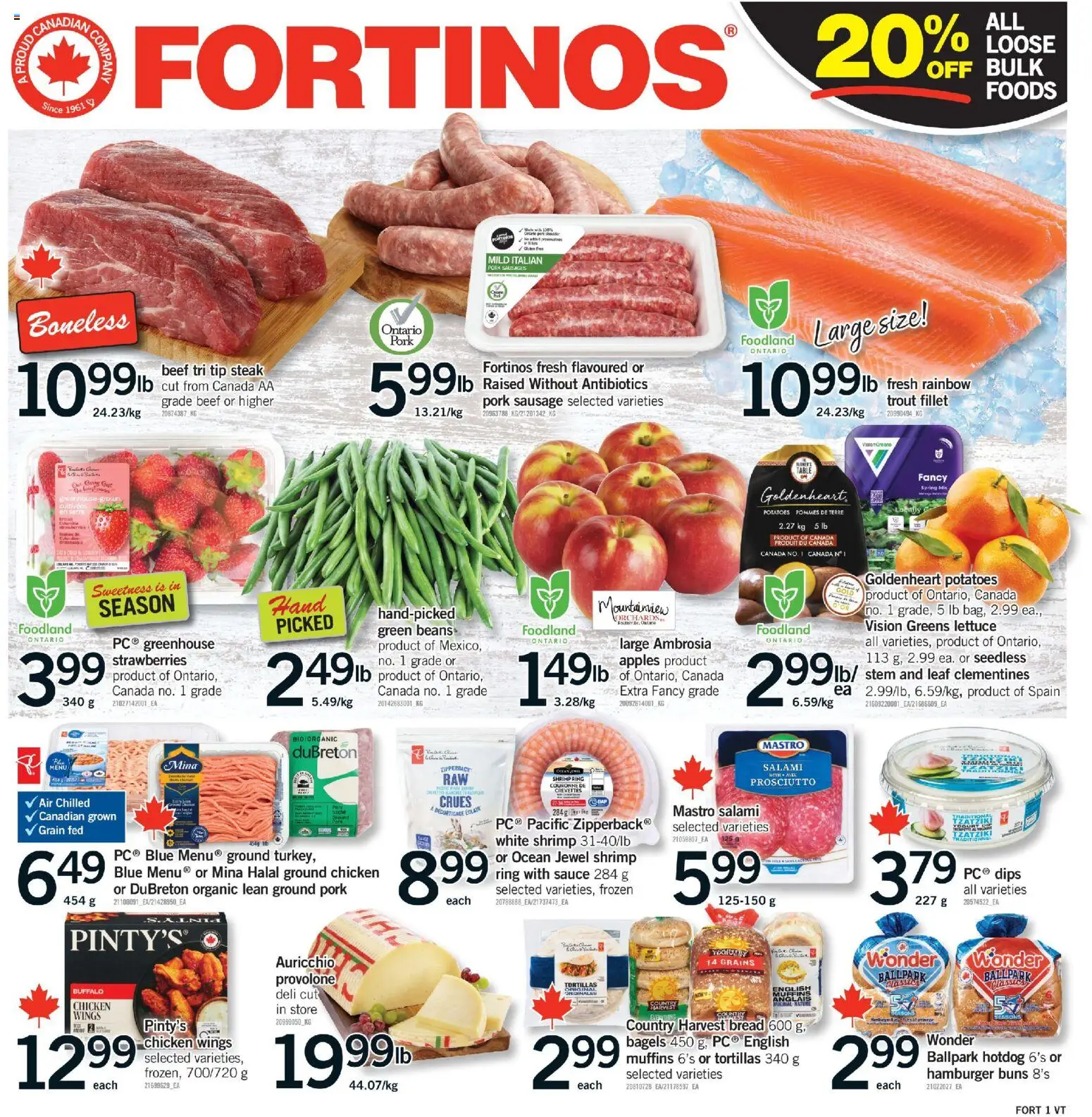 Fortinos flyer valid from 23.04.2026 | Page: 1 | Products: Beef, Strawberries, Chicken wings, Salami