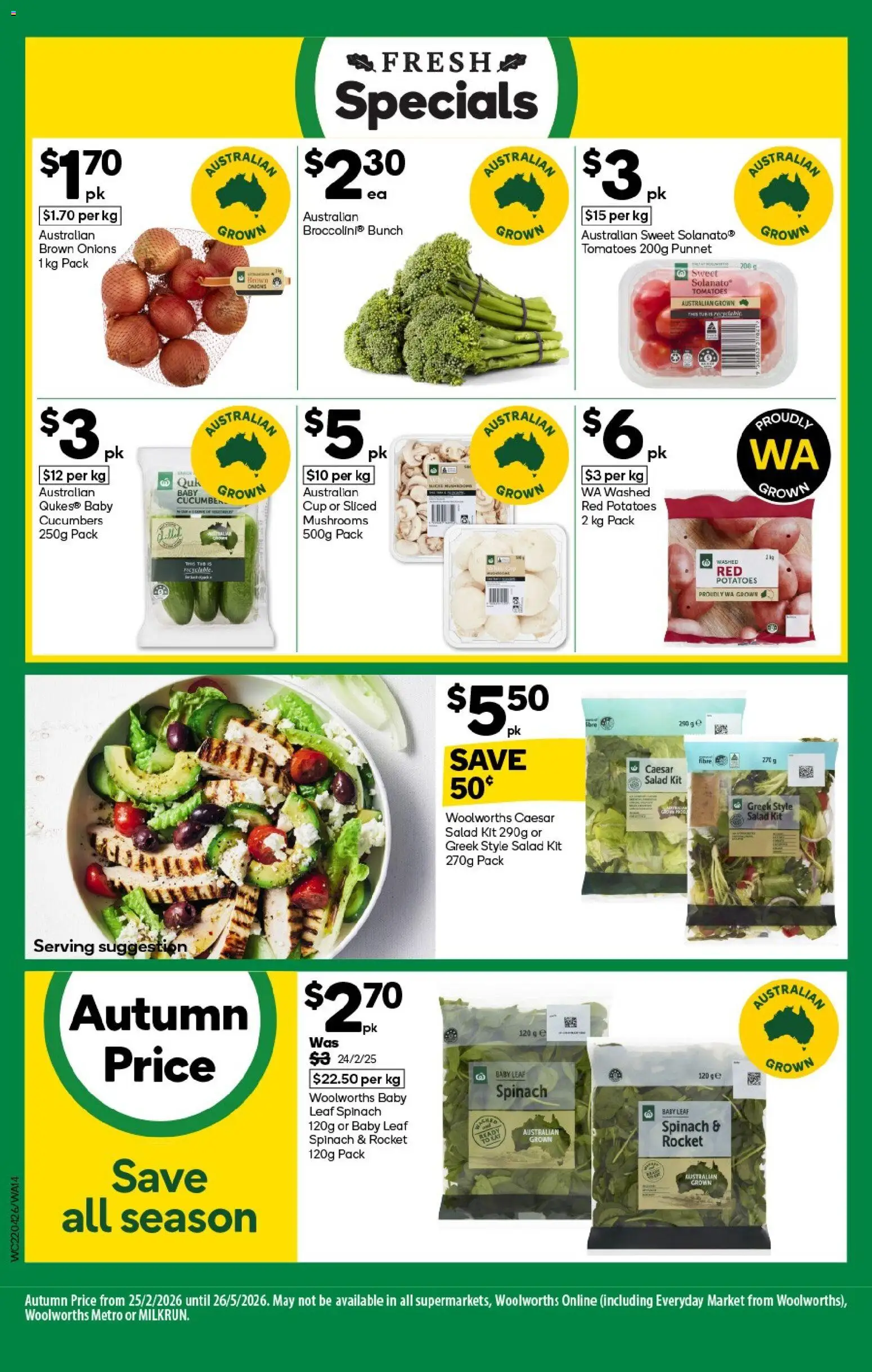 Woolworths catalogue - valid from 22.04.2026 | Page: 14 | Products: Mushrooms, Salad, Rocket, Potatoes
