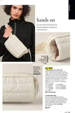 Preview of Quilted Belt Bag, Ivory soft nylon quilted belt bag. Faux-fur lined front pocket for hands. Includes zip pocket on back panel and inside. Adjustable strap with buckle. Man-made materials. Strap: 51 cm L when fully extended. from shop Avon valid from 18.12.2025 | Page: 131