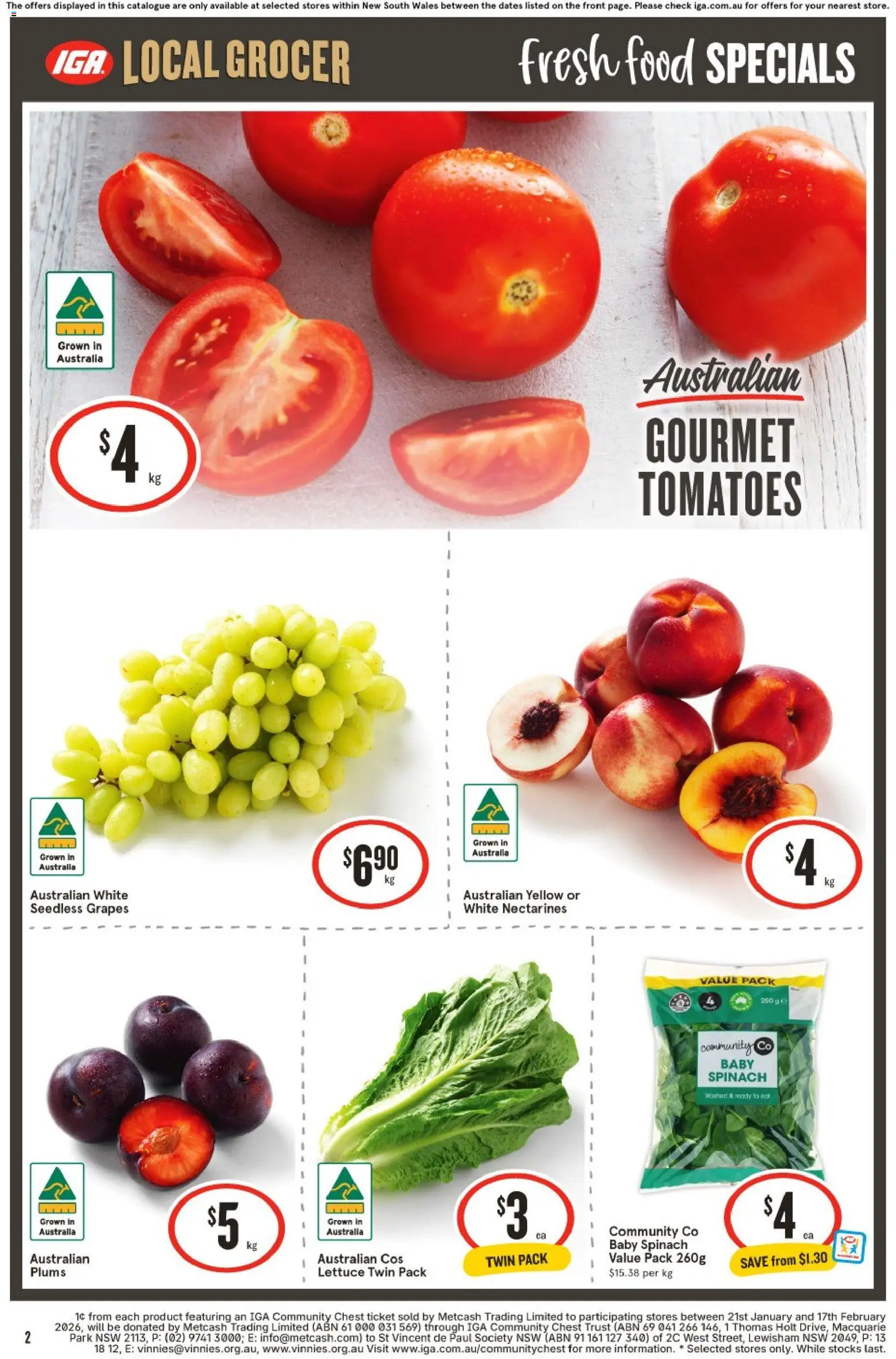 IGA catalogue - valid from 21.01.2026 | Page: 2 | Products: Lettuce, Tomatoes, Spinach, Plums