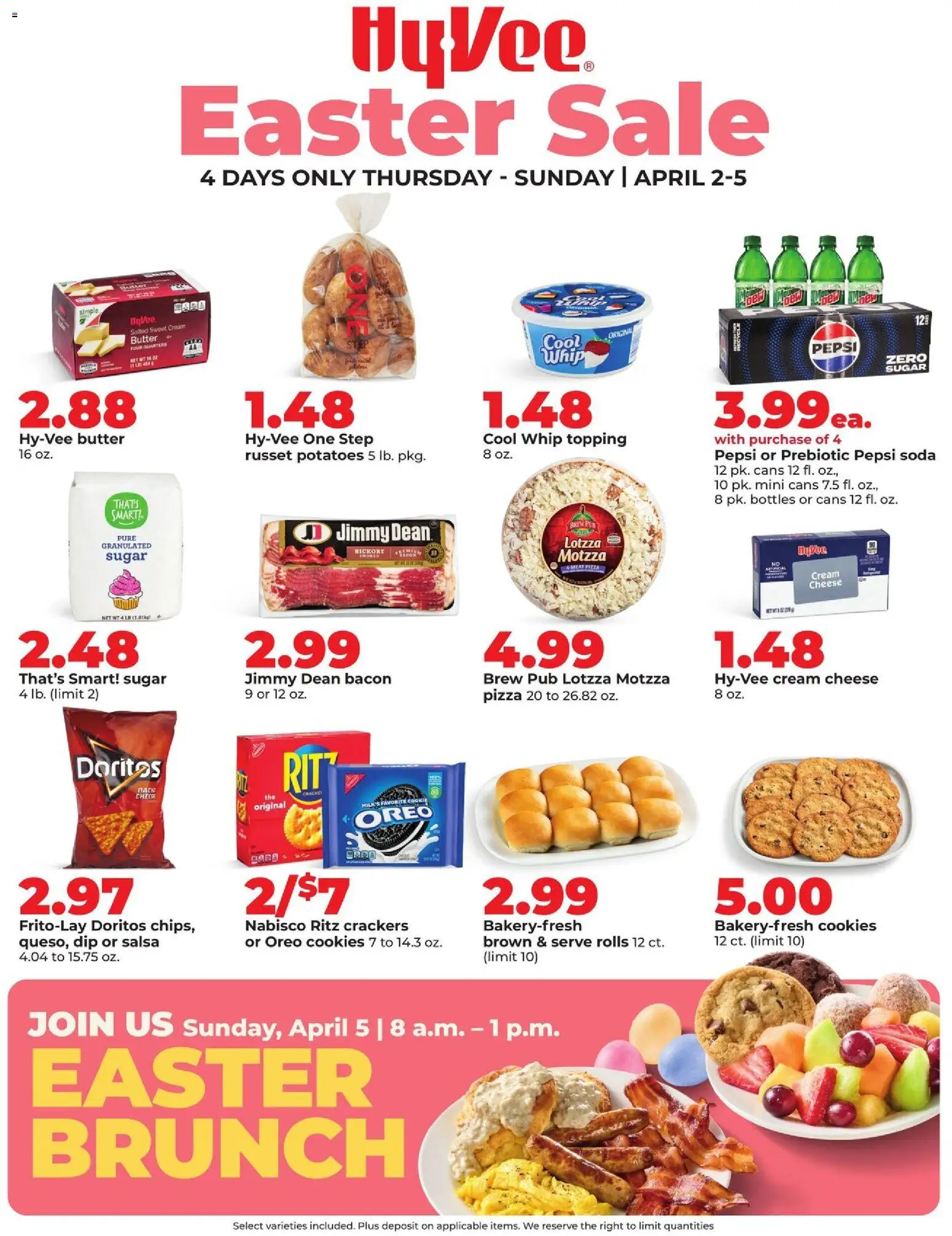 HyVee Easter Sale - valid from 02.04.2026 | Page: 1 | Products: Cheese, Cookies, Potatoes, Sugar
