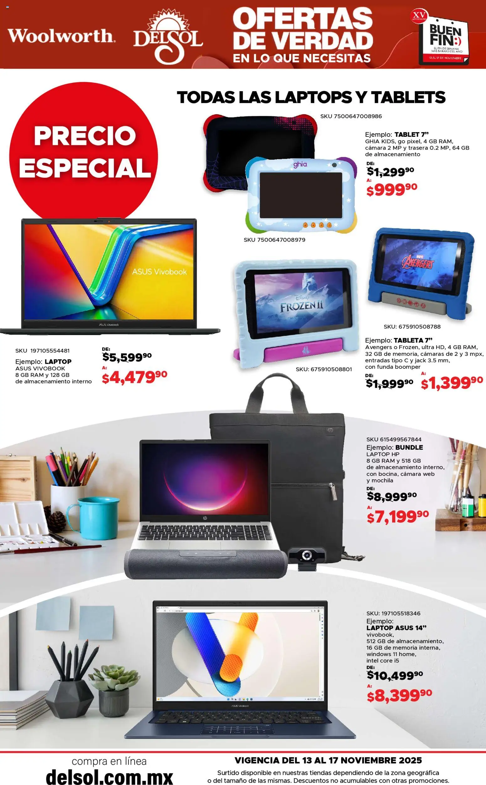Nuevas ofertas de Del Sol y Woolworth válidas en toda la República Mexicana desde el 13.11.2025. ¡Encuentra las mejores ofertas en Del Sol y Woolworth Buen fin! | Página: 23 | Productos: Mochila, Tablet, Funda, Tableta