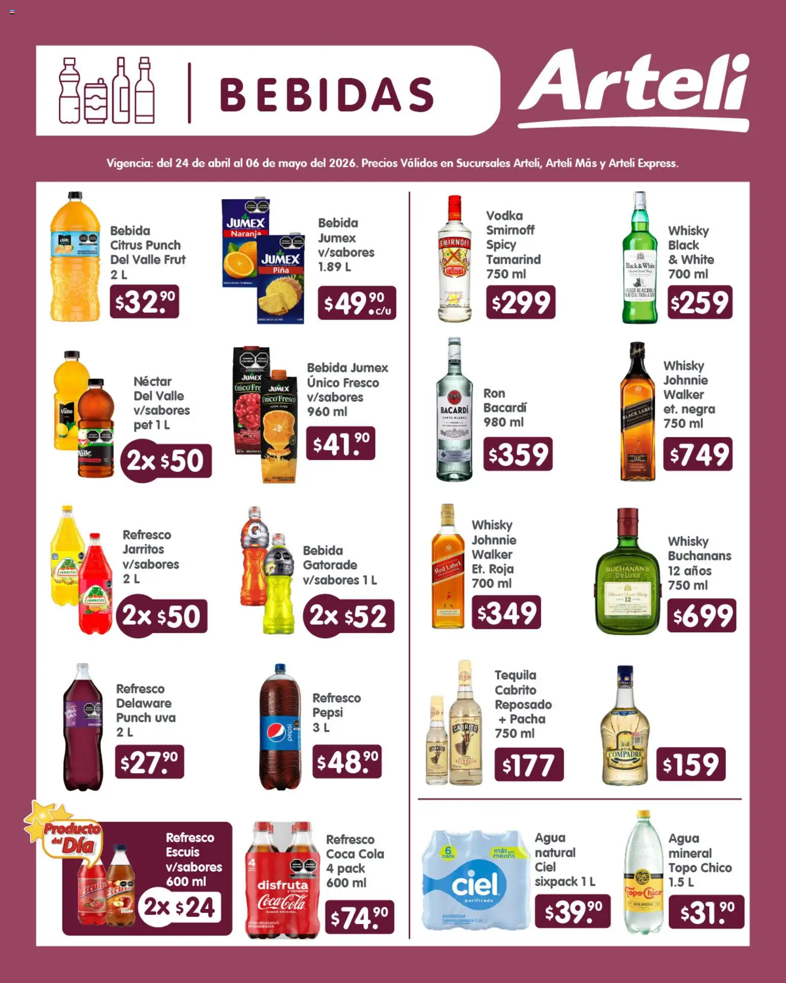 Nuevas ofertas de Arteli válidas en toda la República Mexicana desde el 24.04.2026. ¡Encuentra las mejores ofertas en Arteli folleto Quincenal! | Página: 6 | Productos: Refresco, Tequila, Vodka, Whisky
