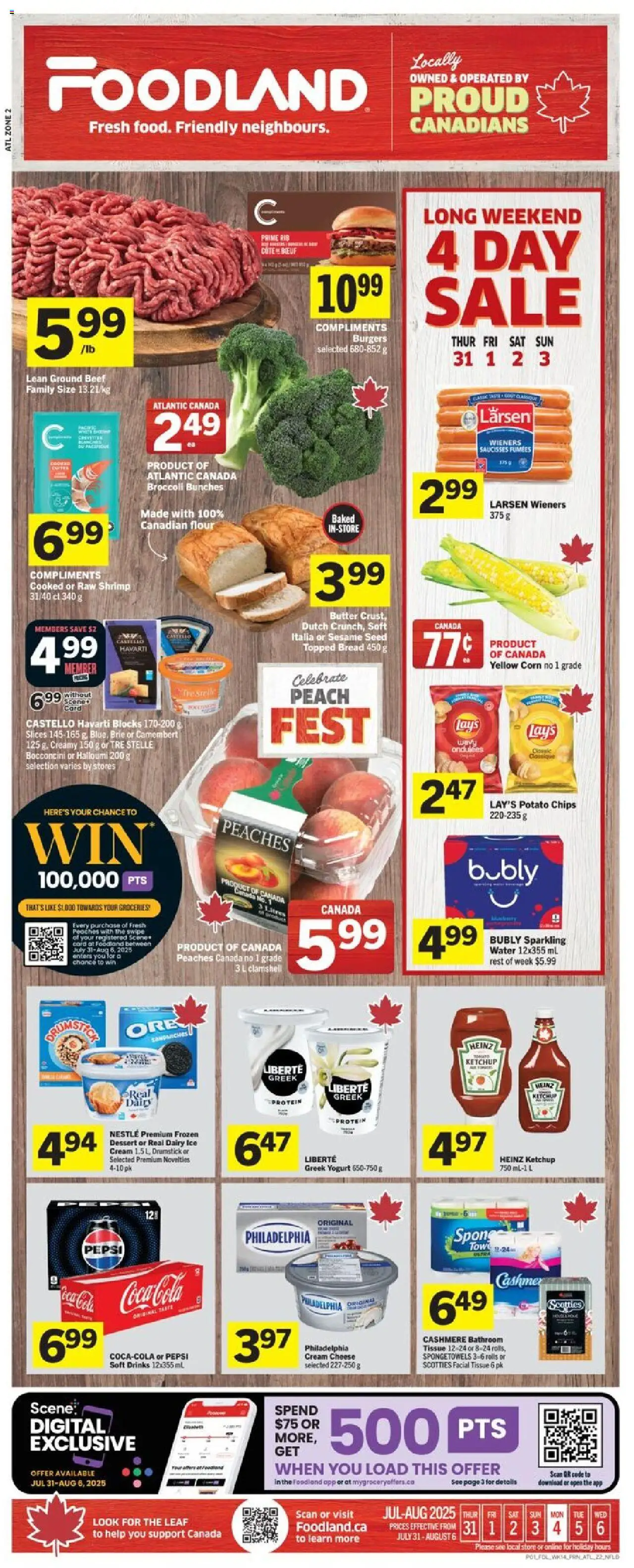 Foodland flyer valid from 31.07.2025 | Page: 1 | Products: Beef, Chips, Ice cream, Bread