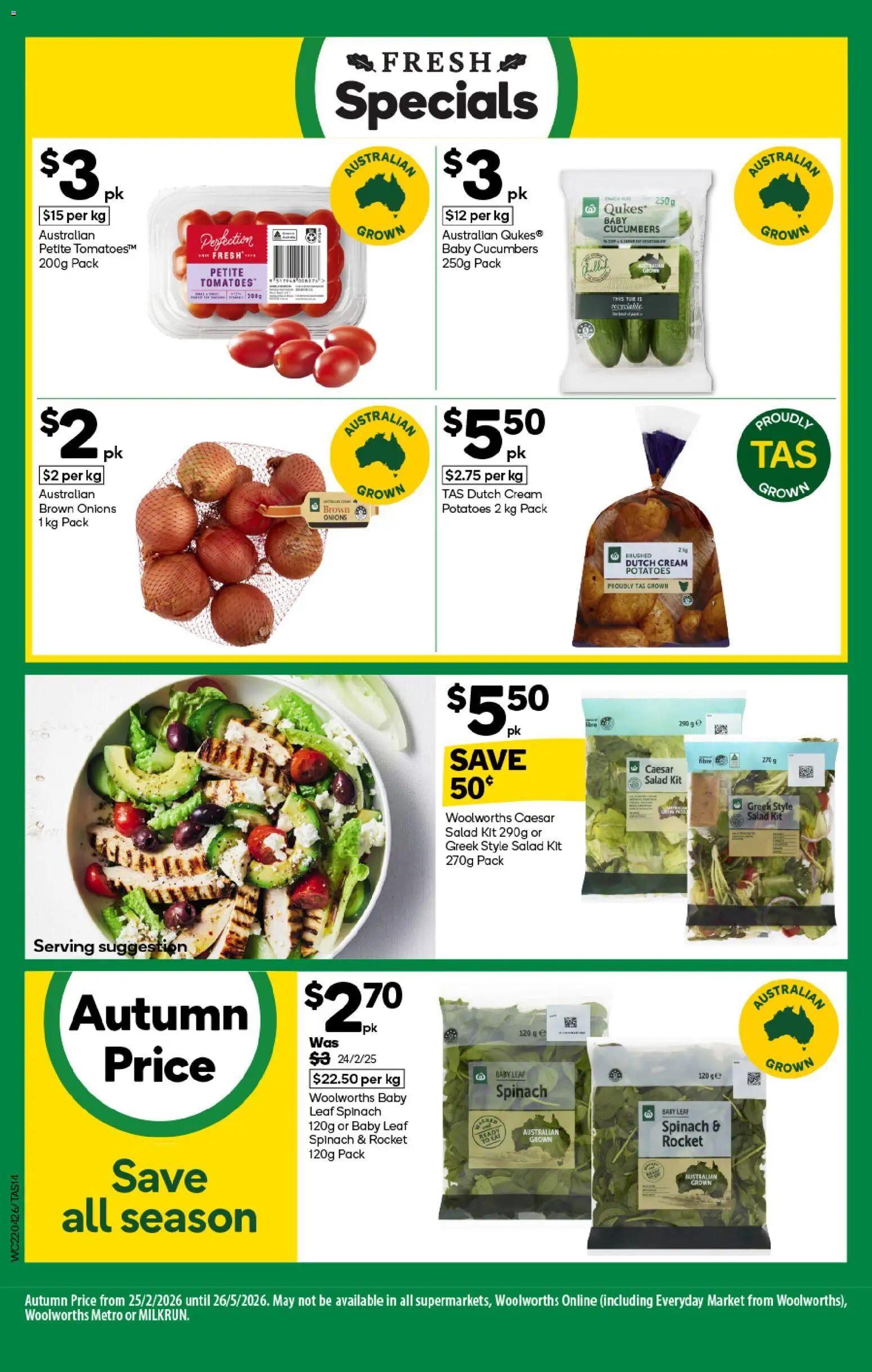 Woolworths catalogue - valid from 22.04.2026 | Page: 14 | Products: Tomatoes, Cream, Rocket, Spinach
