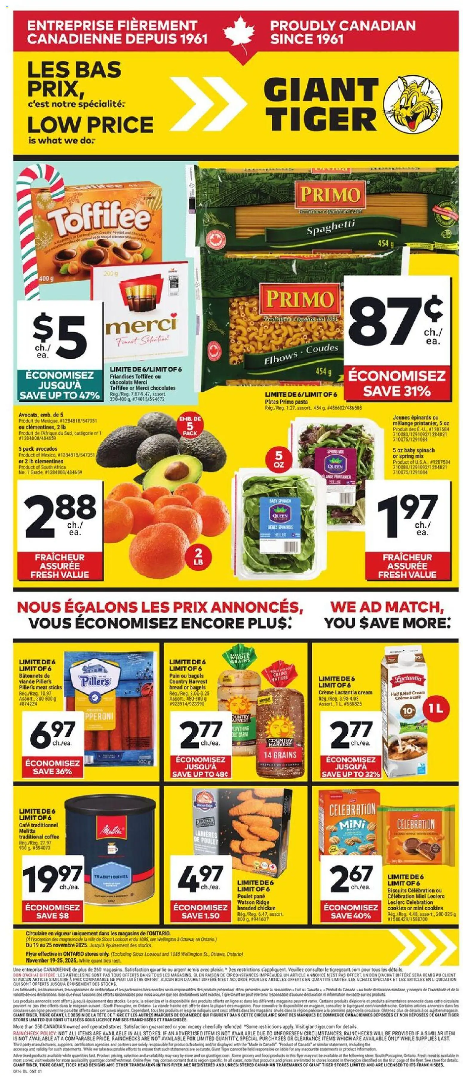 Giant Tiger flyer valid from 19.11.2025 | Page: 1 | Products: Cookies, Ridge, Bread, Chicken