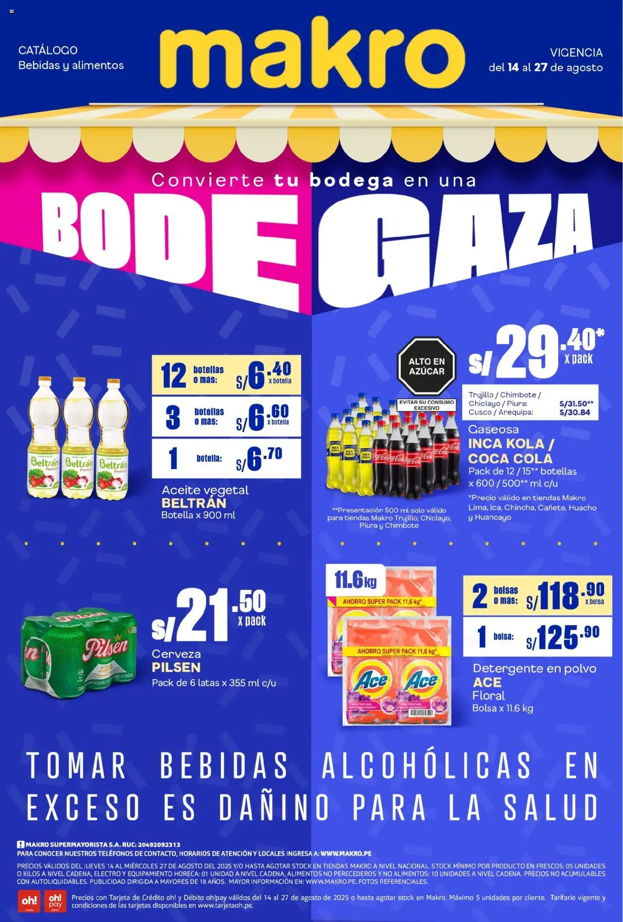 Catálogo Makro válido desde 14.08.2025 | Página: 1 | Productos: Detergente, Aceite, Cerveza, Bolsa