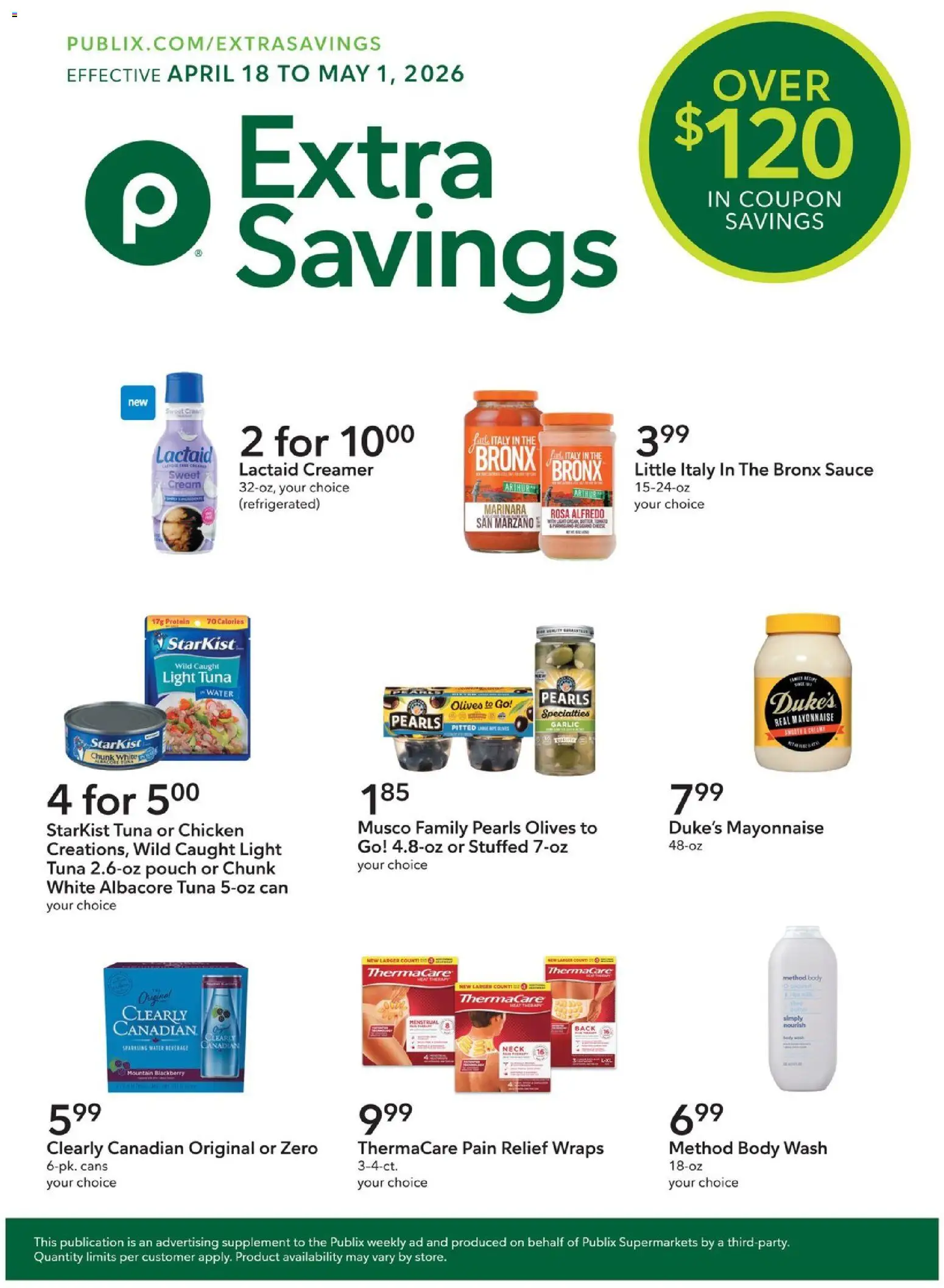 Publix Extra Savings - valid from 18.04.2026 | Page: 1 | Products: Cream, Body Wash, Sauce, Garlic
