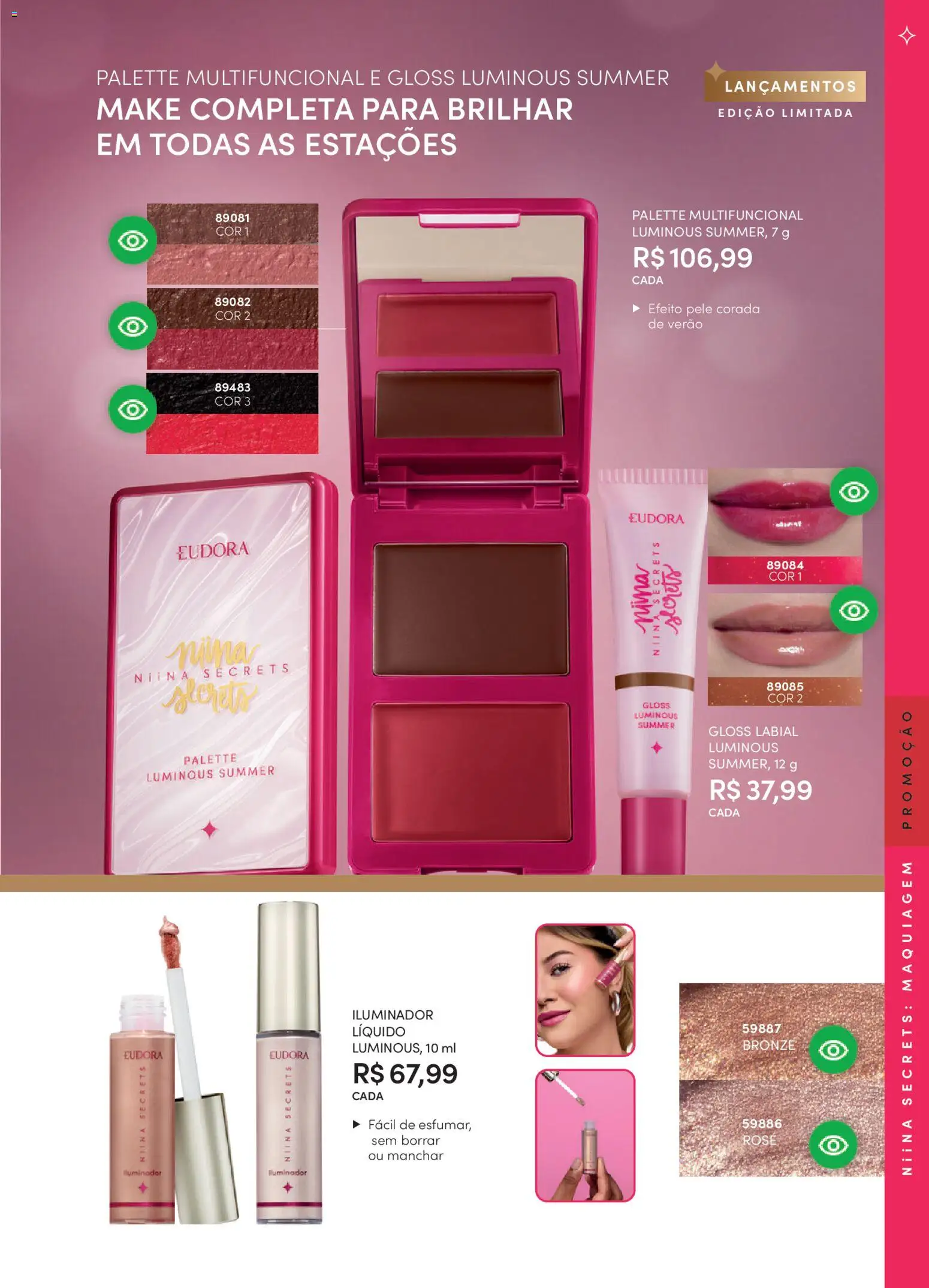 Eudora Folheto - válido de 19.02.2026 | Página: 65 | Produtos: Maquiagem, Gloss labial, Multifuncional, Iluminador