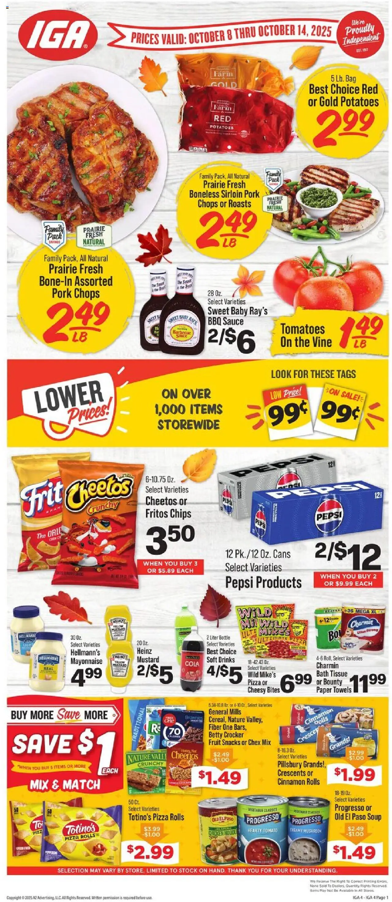 IGA Weekly Ad - valid from 08.10.2025 | Page: 1 | Products: Pizza, Pork, Tomatoes, Potatoes