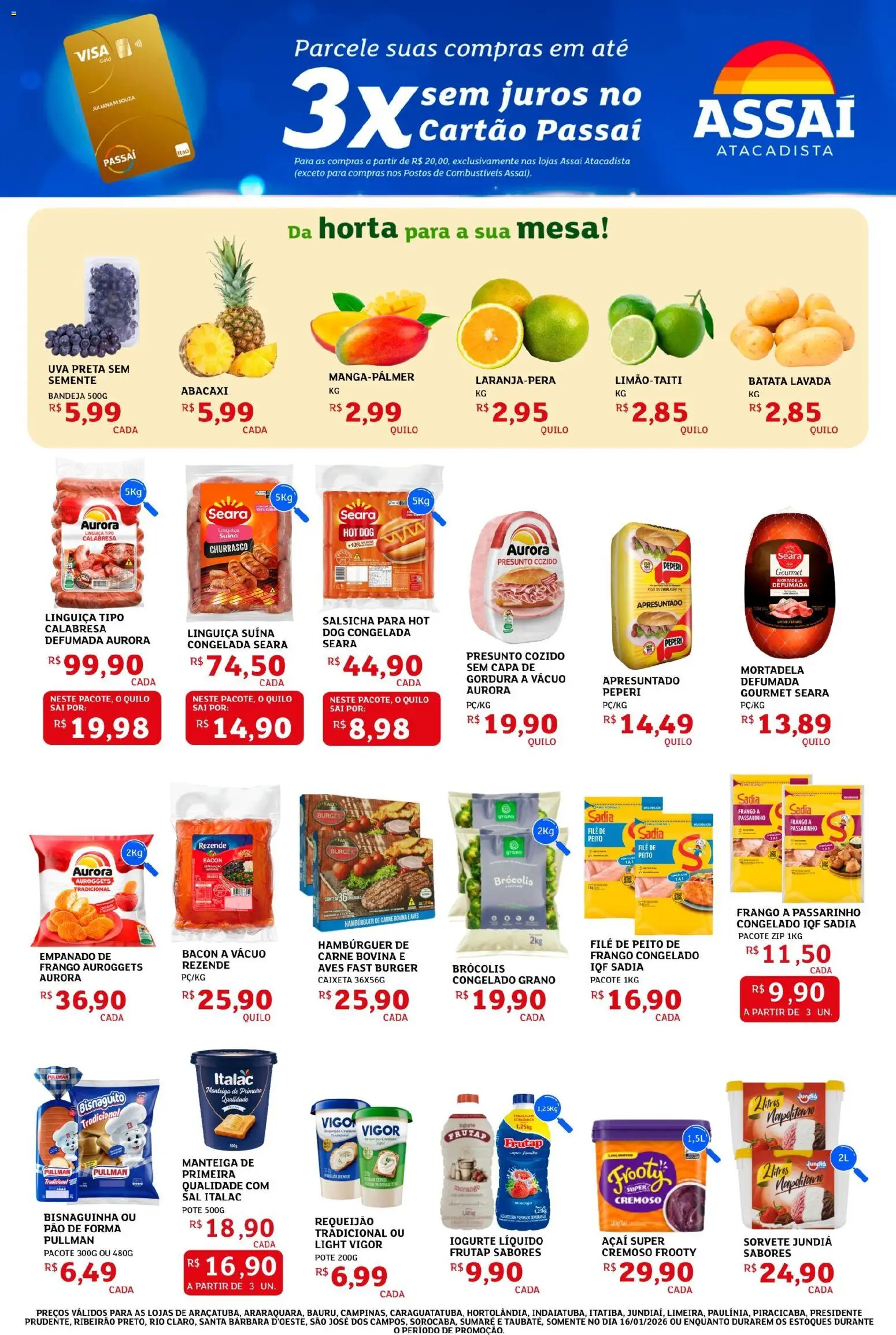 Assaí Atacadista Folheto - válido de 16.01.2026 | Página: 3 | Produtos: Linguiça, Mesa, Mortadela, Sorvete