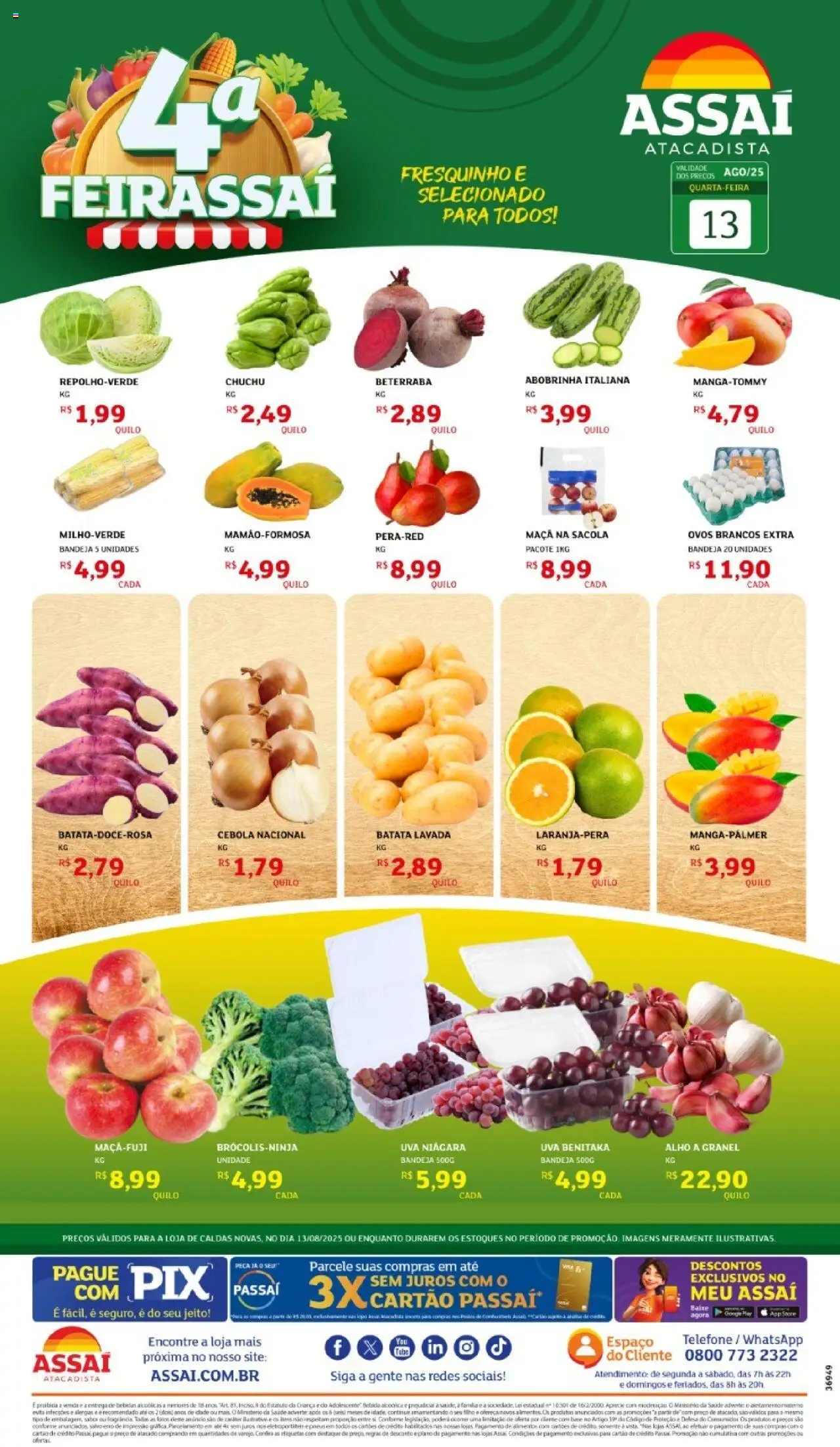 Assaí Atacadista Folheto - válido de 13.08.2025 | Página: 1 | Produtos: Abobrinha, Cebola, Pneus, Bandeja