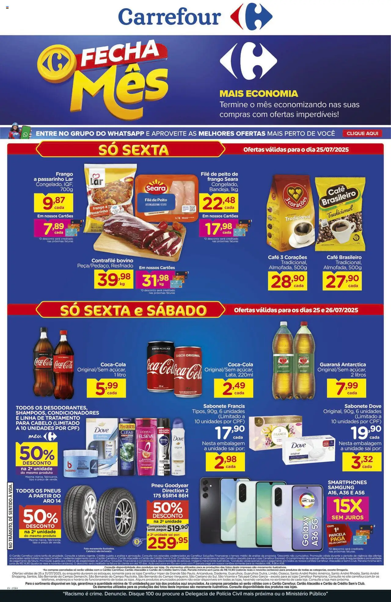 Carrefour Folheto - válido de 25.07.2025 | Página: 1 | Produtos: Pneu, Guaraná, Cola, Café