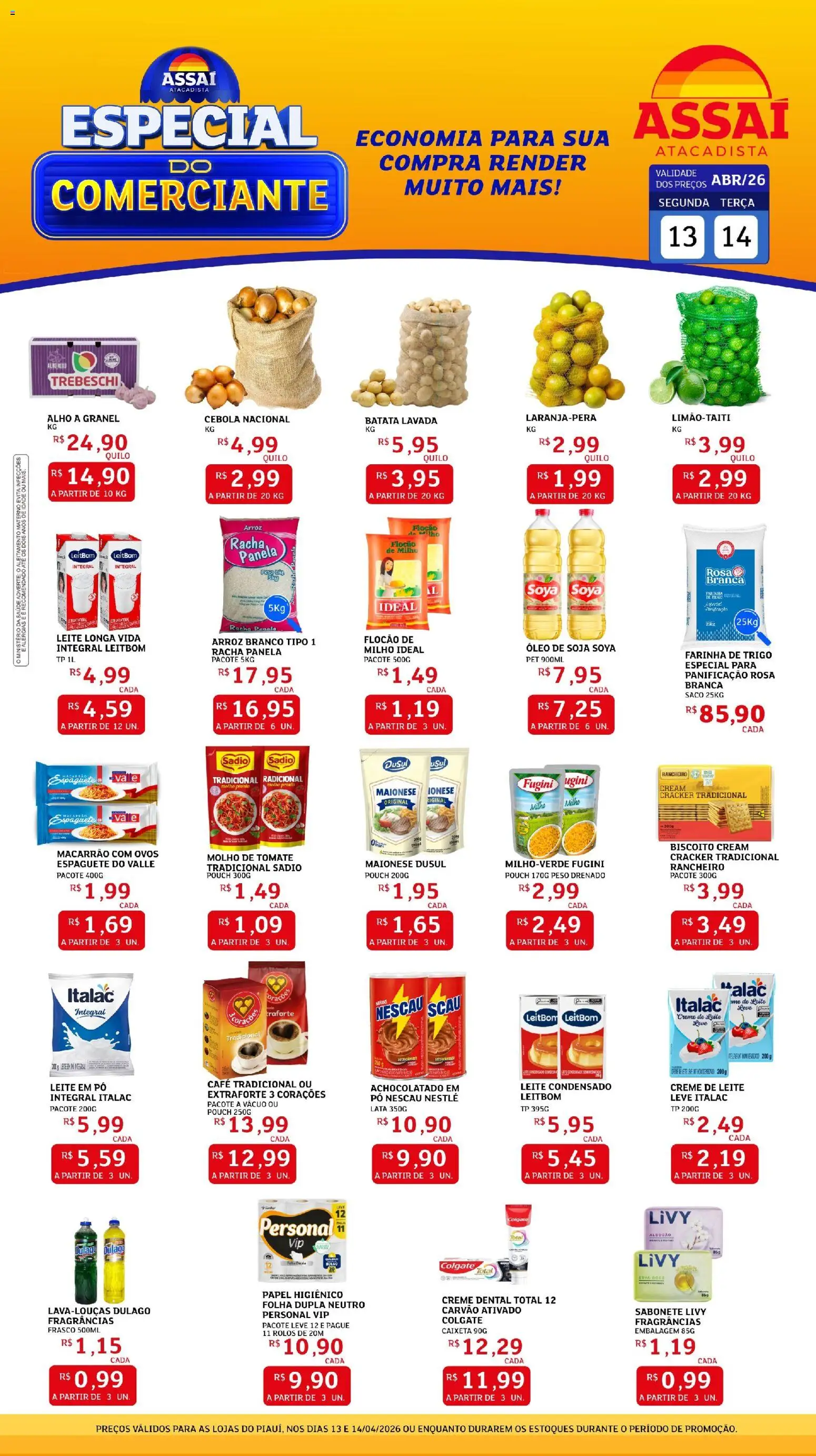 Assaí Atacadista Folheto - válido de 13.04.2026 | Página: 1 | Produtos: Cebola, Leite integral, Panela, Arroz