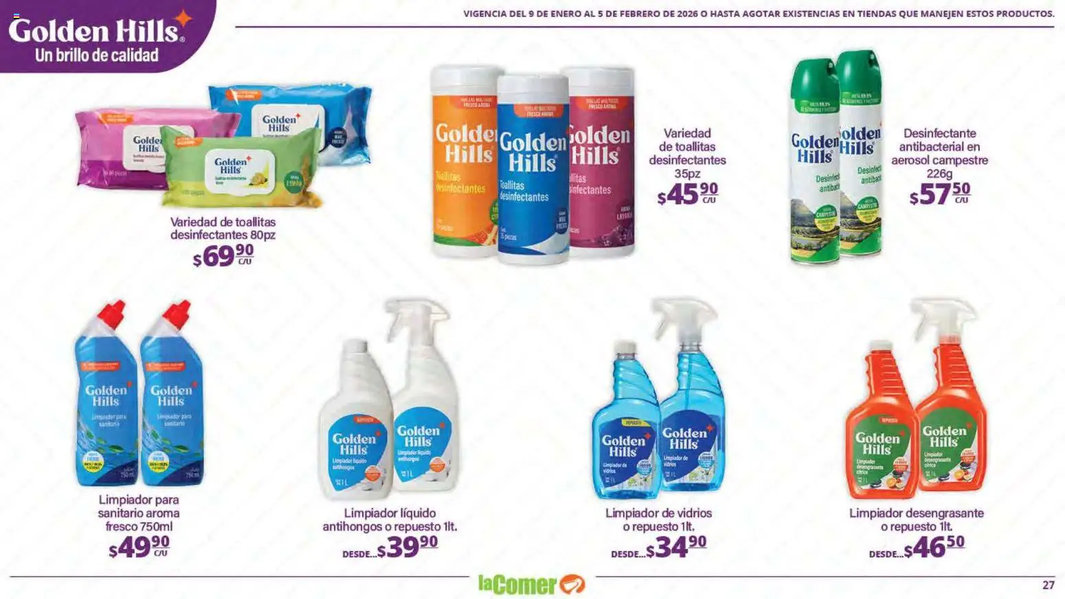Nuevas ofertas de La Comer válidas en toda la República Mexicana desde el 09.01.2026. ¡Encuentra las mejores ofertas en La Comer folleto Limpia Desinfecta Organiza Ahorra! | Página: 27 | Productos: Brillo, Limpiador, Desengrasante, Desinfectante