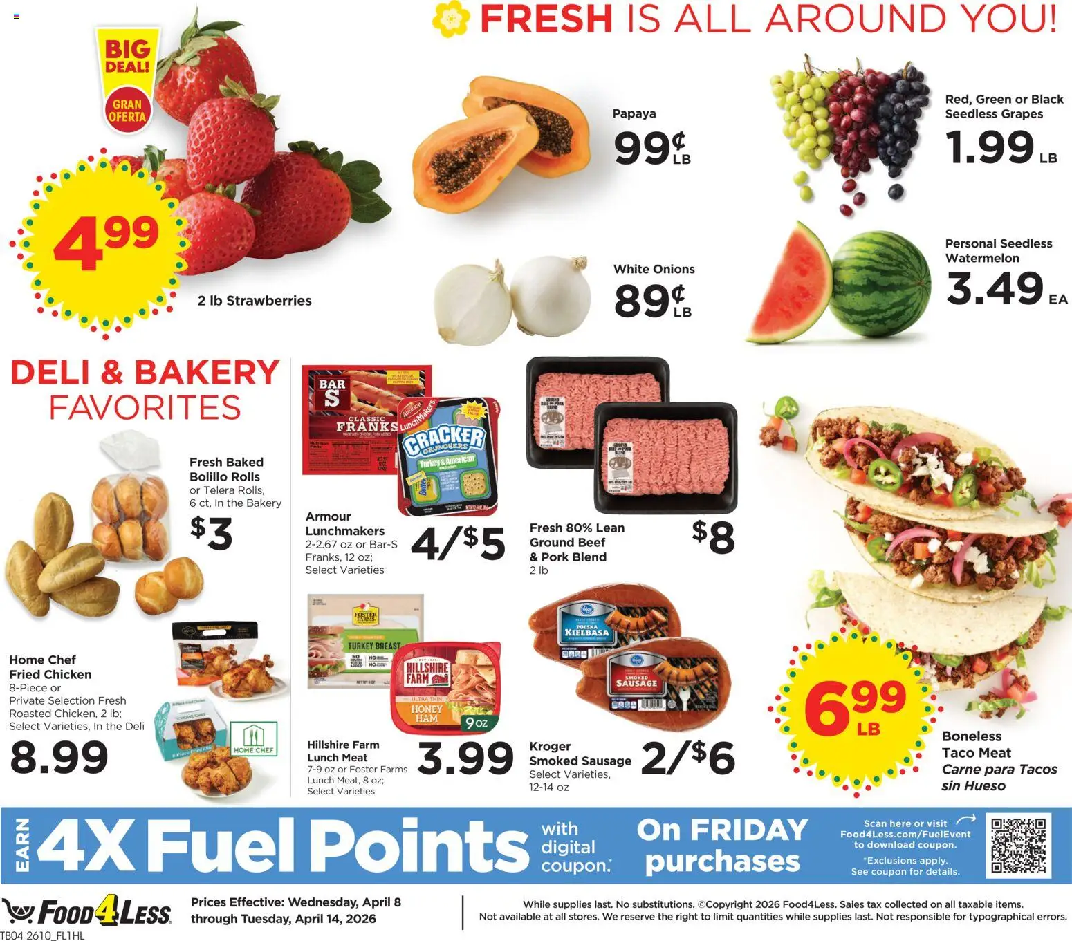 Food 4 Less Weekly Ad - valid from 08.04.2026 | Page: 5 | Products: Bakery, Strawberries, Sausage, Watermelon