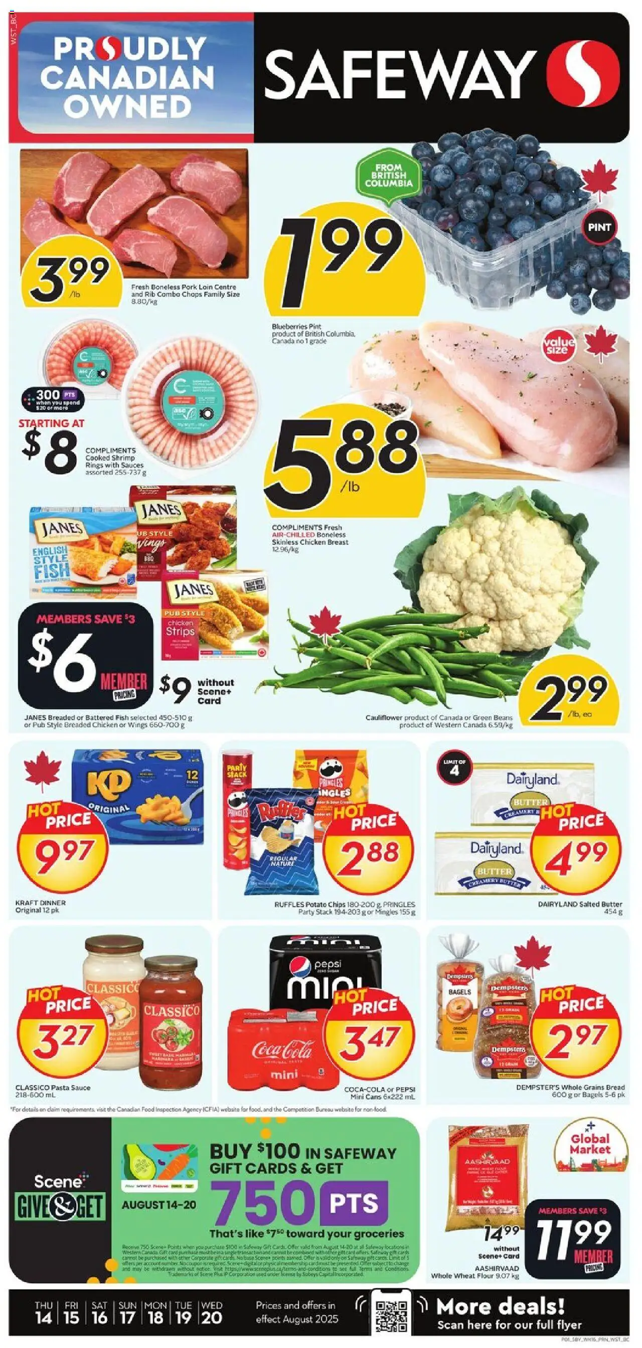 Safeway flyer valid from 14.08.2025 | Page: 1 | Products: Fish, Butter, Bread, Pork
