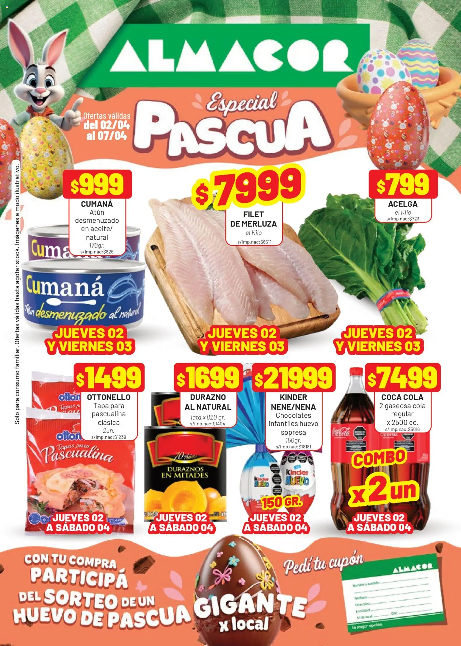 Almacor catálogo │ válido desde el 02.04.2026 | Página: 1 | Productos: Acelga, Durazno, Gaseosa, Huevo