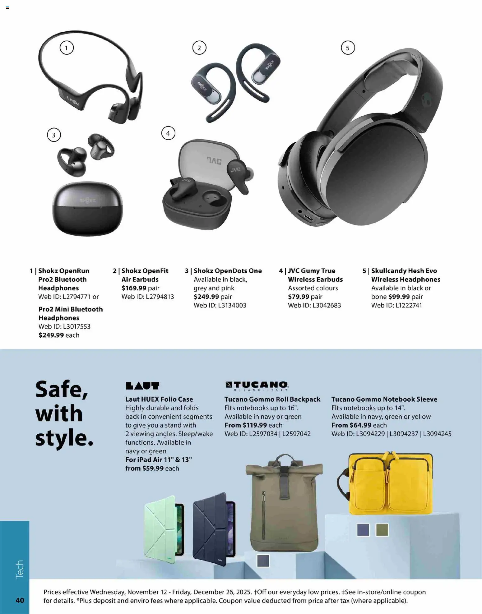 London Drugs flyer valid from 12.11.2025 | Page: 40 | Products: Backpack, Notebook, Headphones, Case