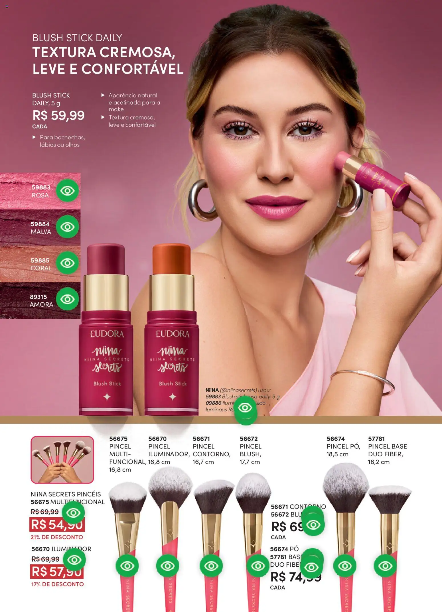 Eudora Folheto - válido de 19.02.2026 | Página: 66 | Produtos: Blush, Pincel, Base, Iluminador