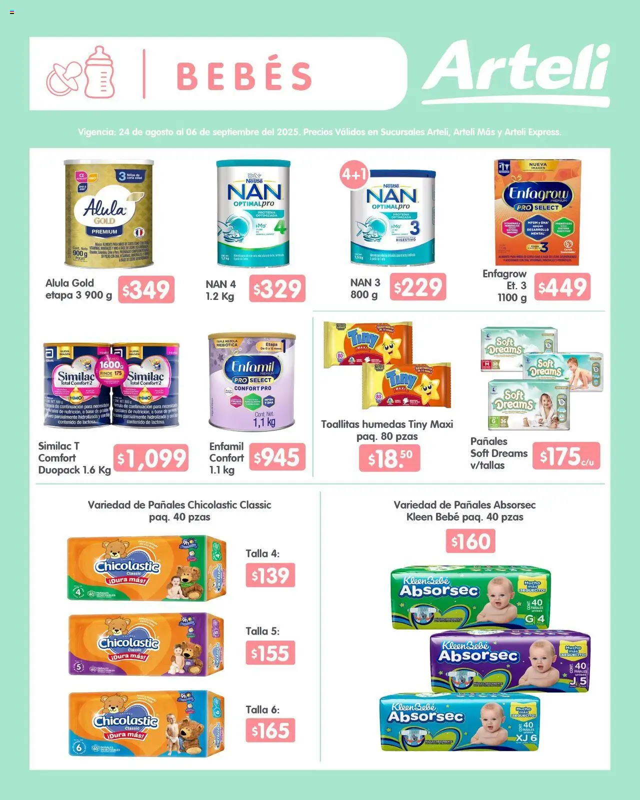 Nuevas ofertas de Arteli válidas en toda la República Mexicana desde el 24.08.2025. ¡Encuentra las mejores ofertas en Arteli - Folleto Quincenal! | Página: 12 | Productos: Toallitas húmedas, Leche, Pañales