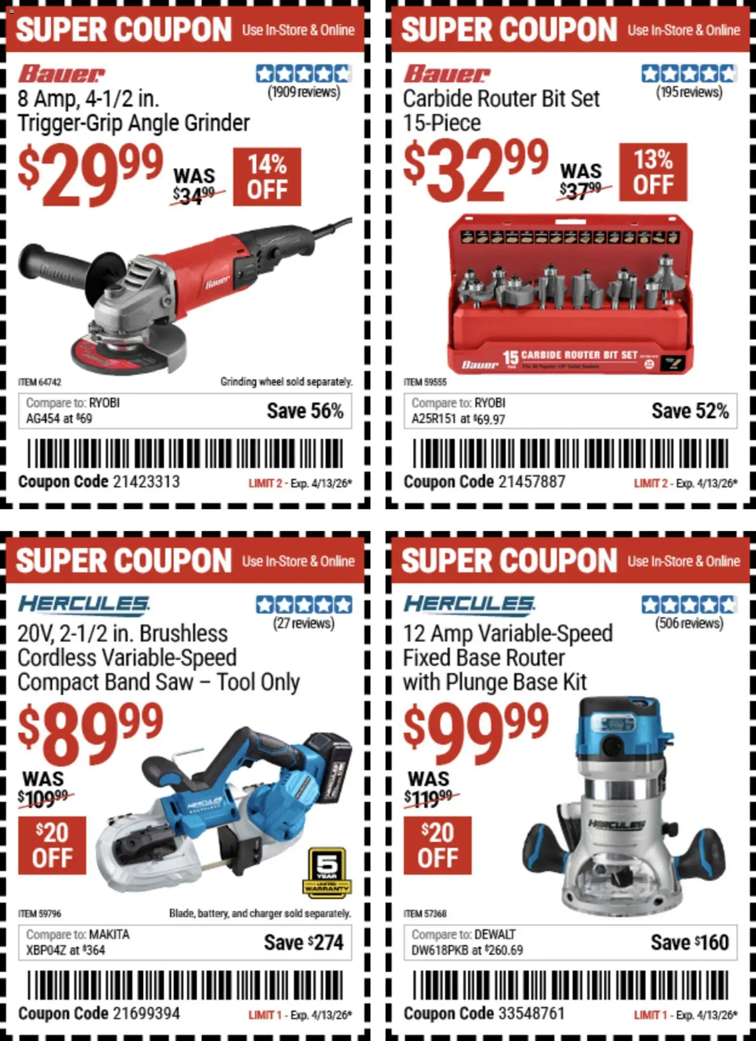 Harbor Freight Weekly Ad - valid from 23.03.2026 | Page: 4 | Products: Saw, Angle Grinder, Band Saw, Charger