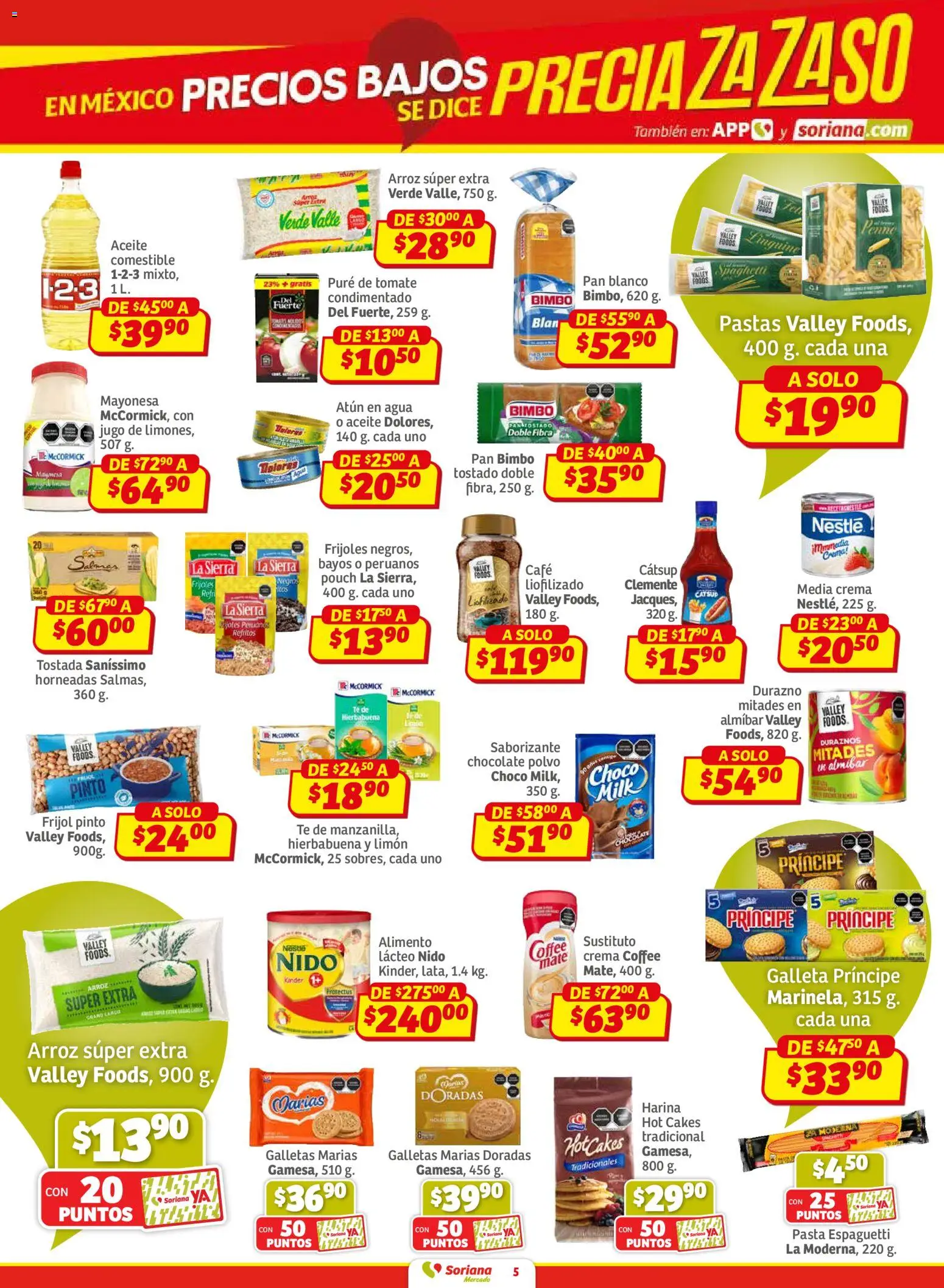 Nuevas ofertas de Soriana válidas en toda la República Mexicana desde el 30.01.2026. ¡Encuentra las mejores ofertas en Soriana - Pesito Valedor Mercado: Nay, Sin, Son! | Página: 5 | Productos: Durazno, Tomate, Pasta, Té