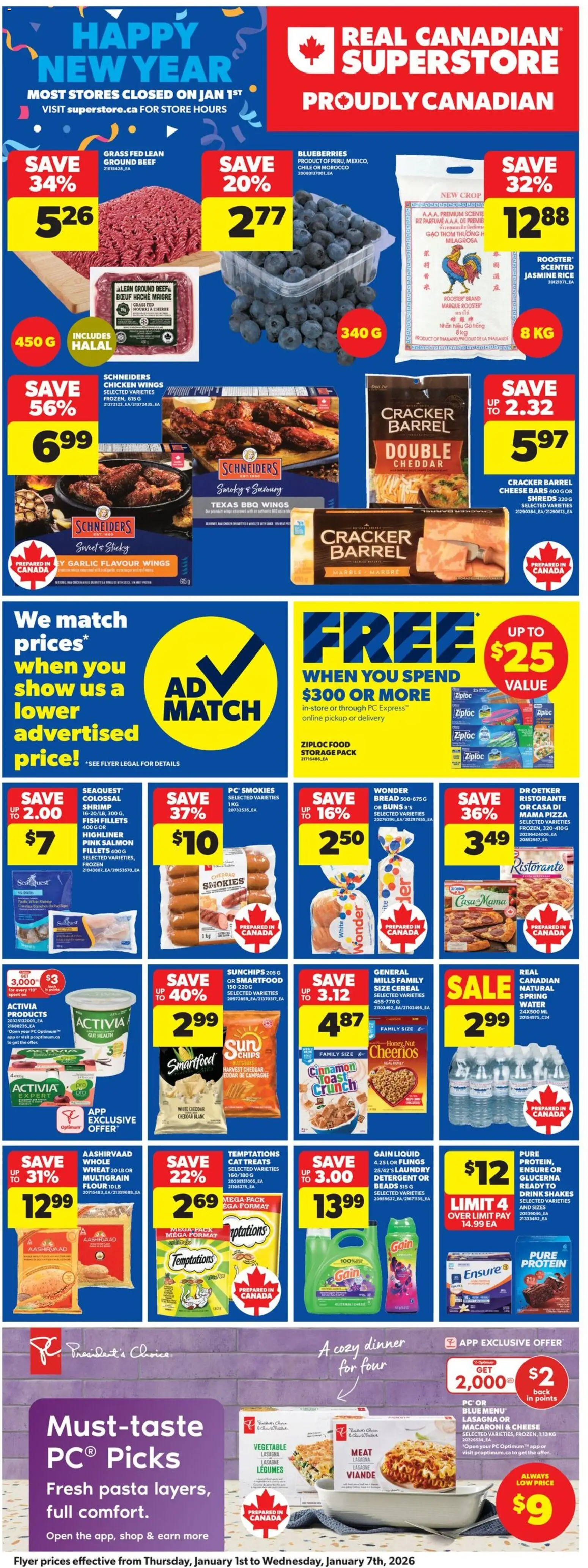 Real Canadian Superstore flyer valid from 01.01.2026 | Page: 3 | Products: Rice, Beef, Pasta, PC