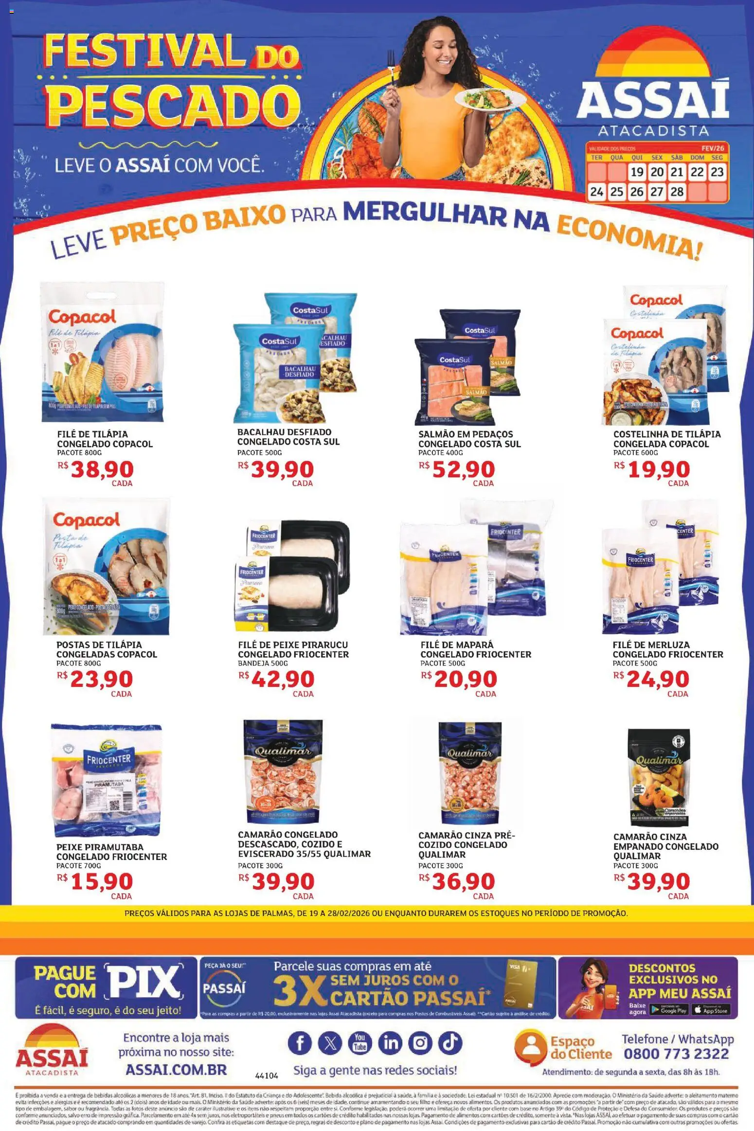 Assaí Atacadista Folheto - válido de 19.02.2026 | Página: 1 | Produtos: Salmão, Bacalhau, Baixo, Telefone