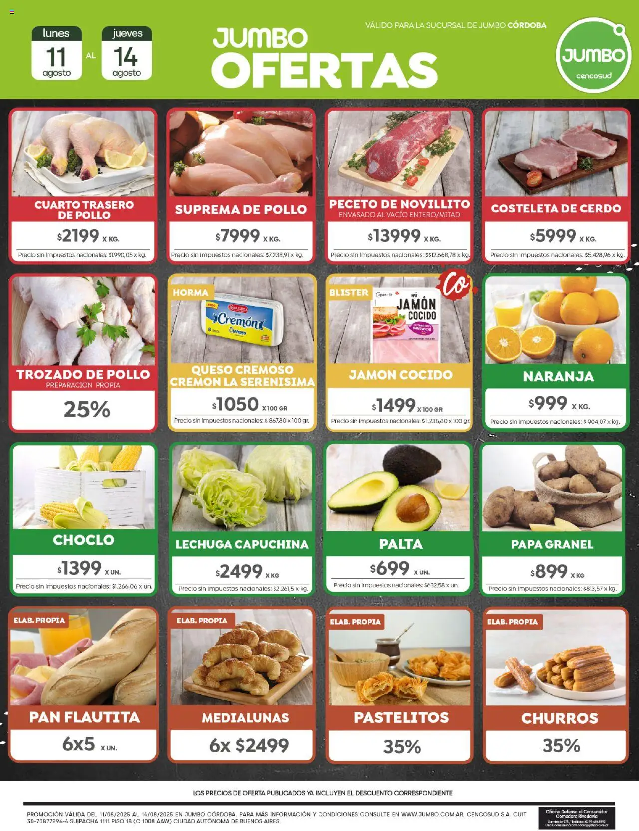 Jumbo - Oferta | Córdoba │ válido desde el 11.08.2025 | Página: 1 | Productos: Choclo, Papa, Palta, Pan