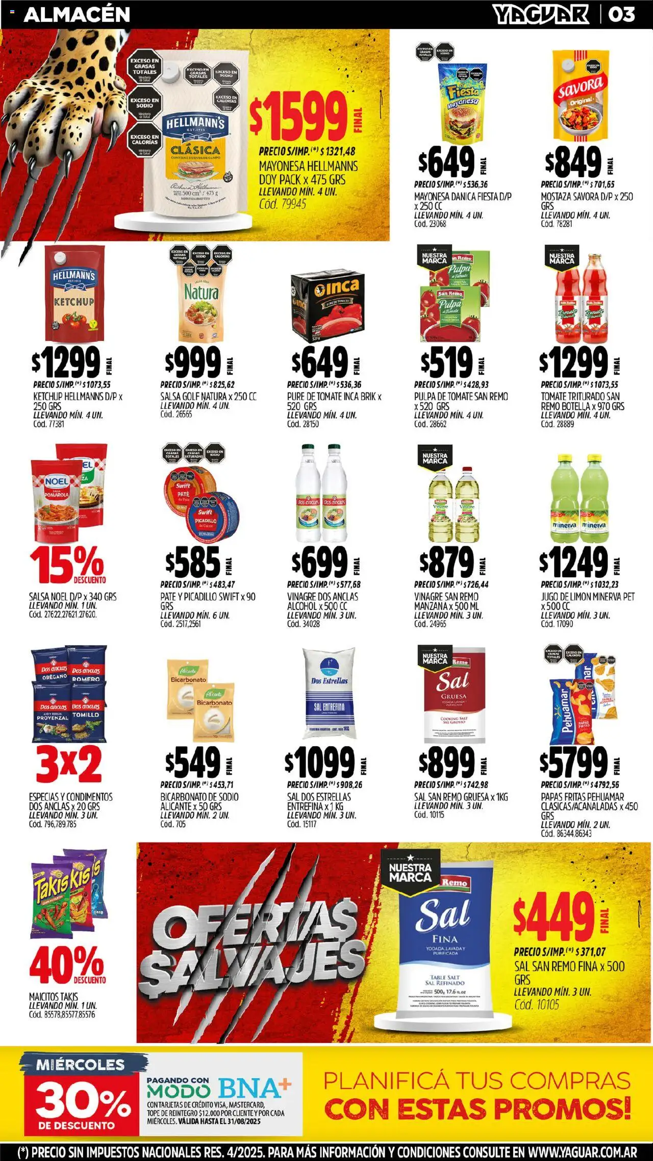 Yaguar - General Roca │ válido desde el 11.08.2025 | Página: 3 | Productos: Salsa Golf, Limón, Pure de Tomate, Papas fritas