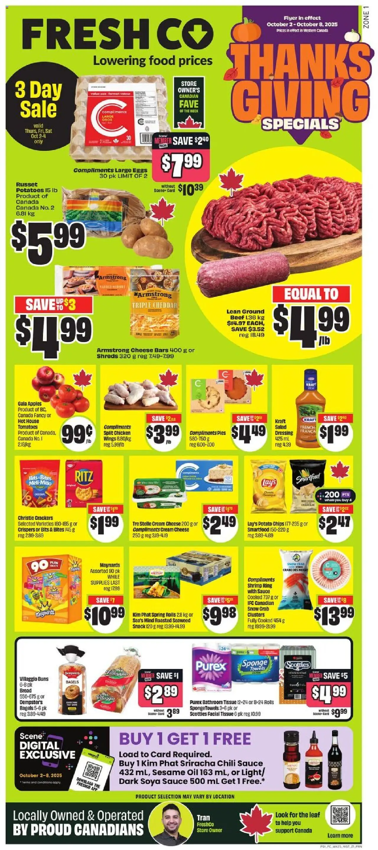 FreshCo flyer valid from 02.10.2025 | Page: 1 | Products: Chips, Salad, Sponge, Cheese