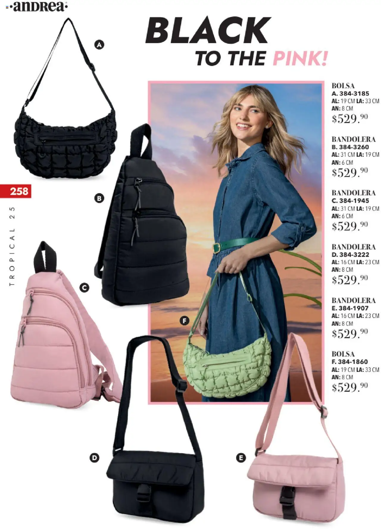 Nuevas ofertas de Andrea válidas en toda la República Mexicana desde el 17.08.2025. ¡Encuentra las mejores ofertas en Andrea - Catálogo Tropical Otoño / Invierno! | Página: 258 | Productos: Bolsa