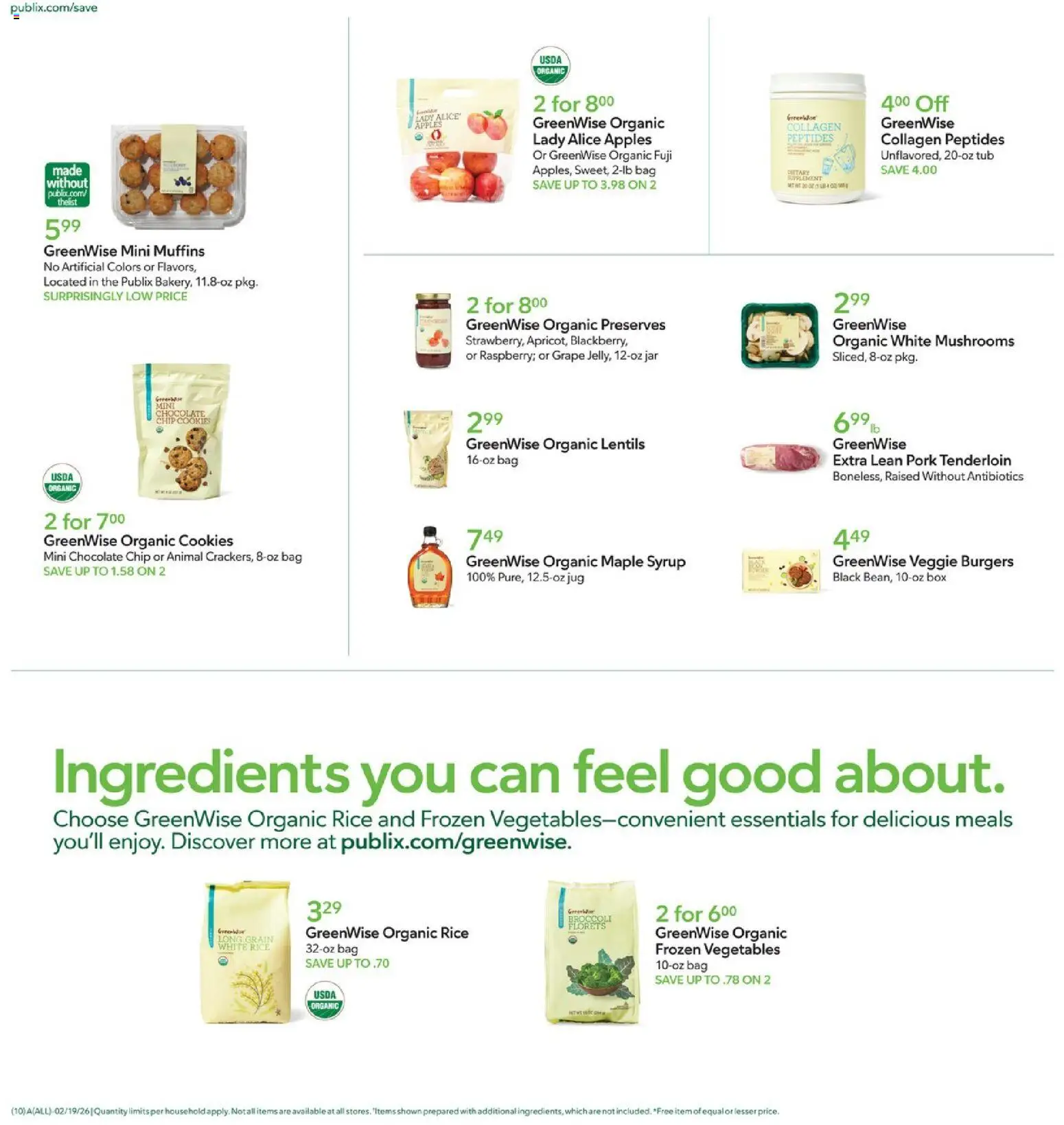 Publix Weekly Ad - valid from 18.02.2026 | Page: 10 | Products: Mushrooms, Pork, Chocolate Chip, Bag