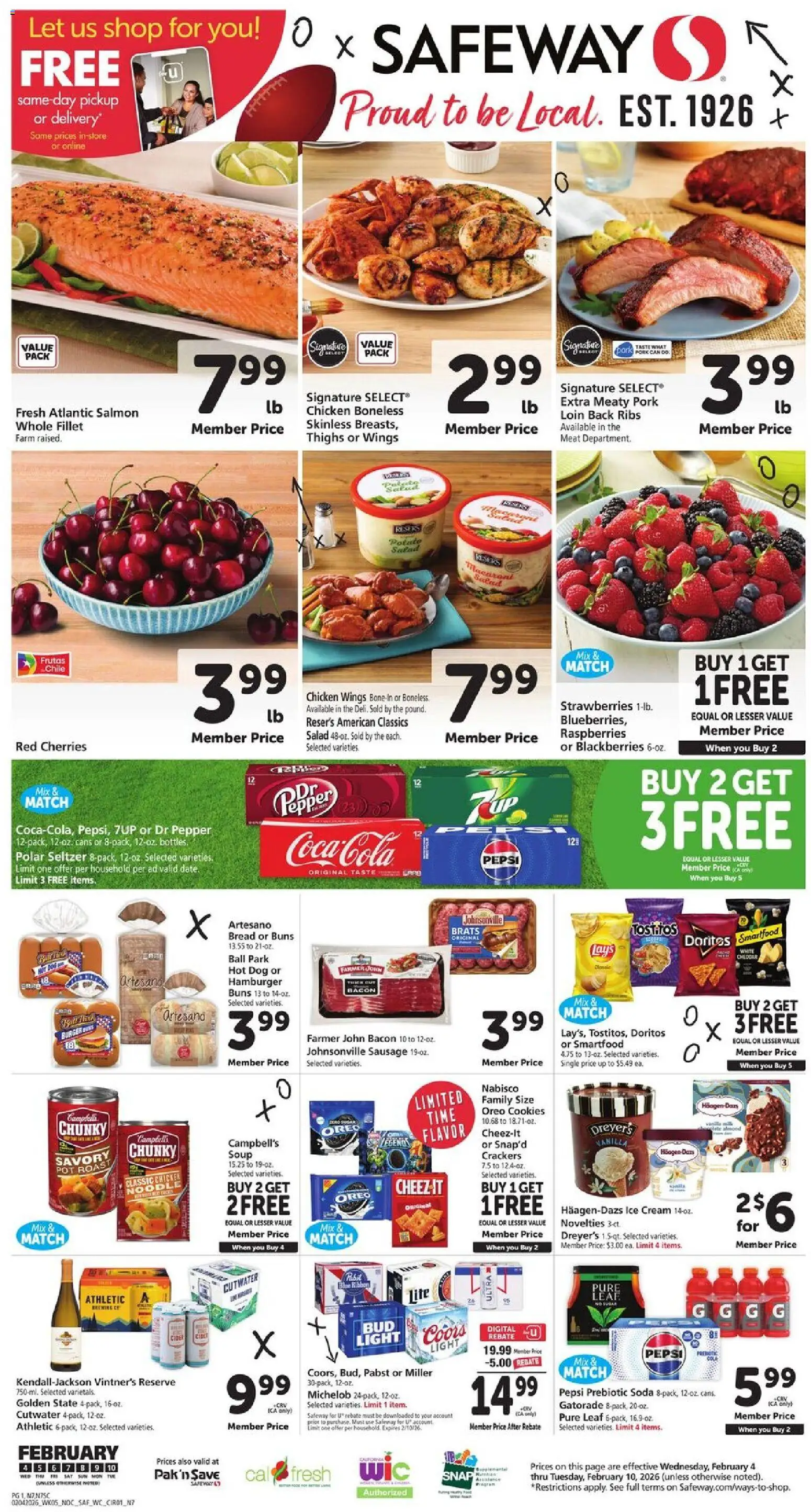 Safeway Weekly Ad - valid from 04.02.2026 | Page: 3 | Products: Strawberries, Cookies, Ice cream, Sausage